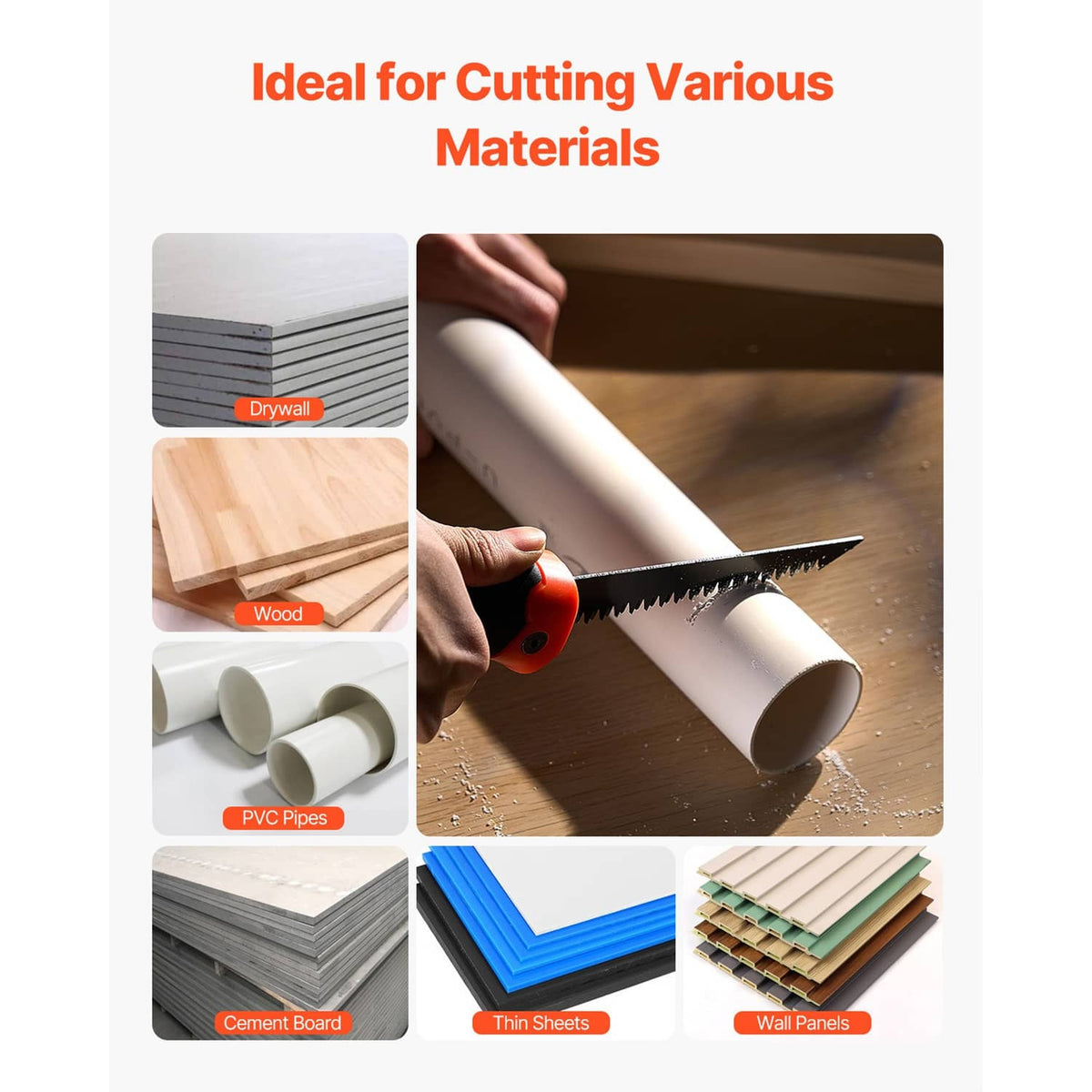 Hand saw with orange/black handle for cutting wood, drywall, and PVC pipes