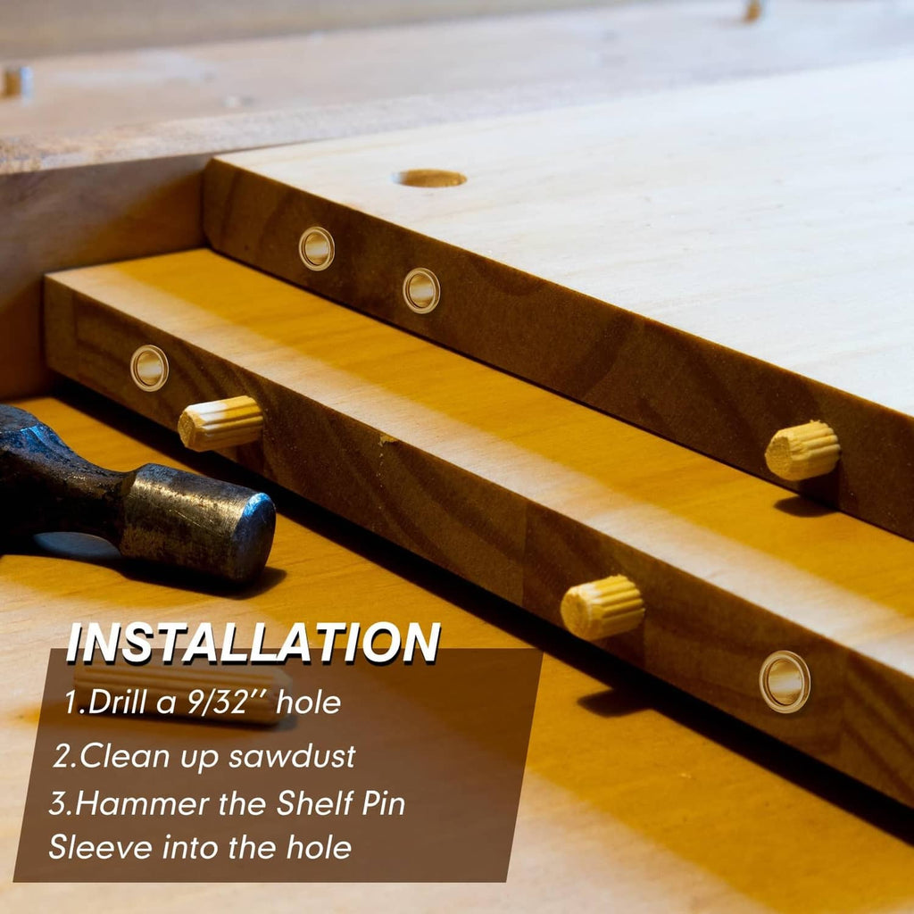 Brass shelf pin sleeves installed in wooden cabinet rail holes