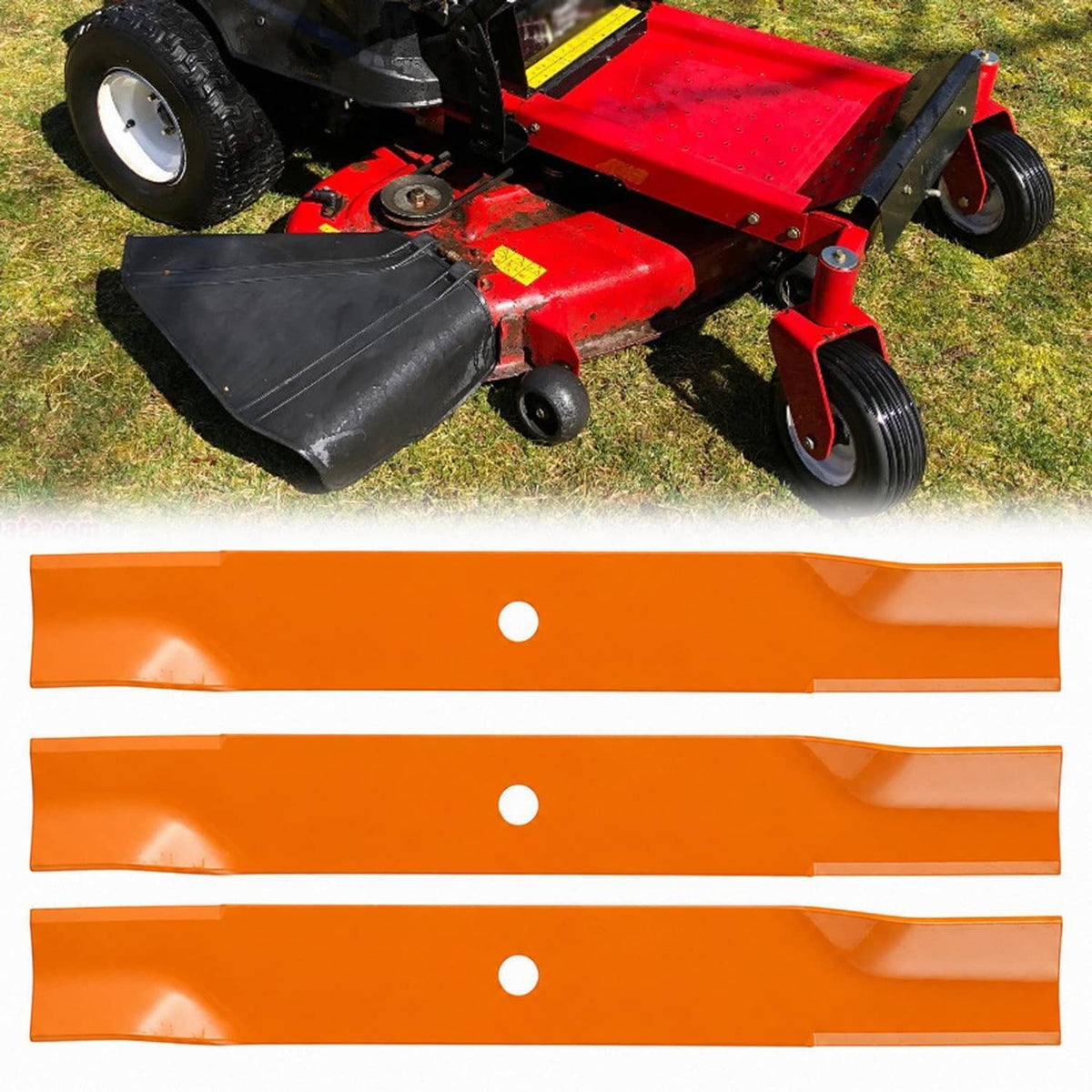 Mower deck with replacement mower blades attached, red mower body and orange blades