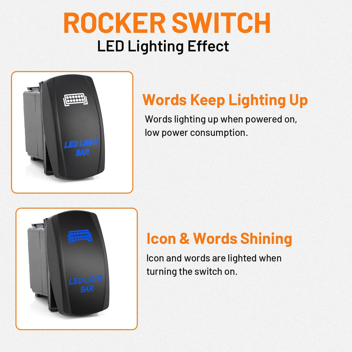 Black rocker switch with illuminated LED light bar icon