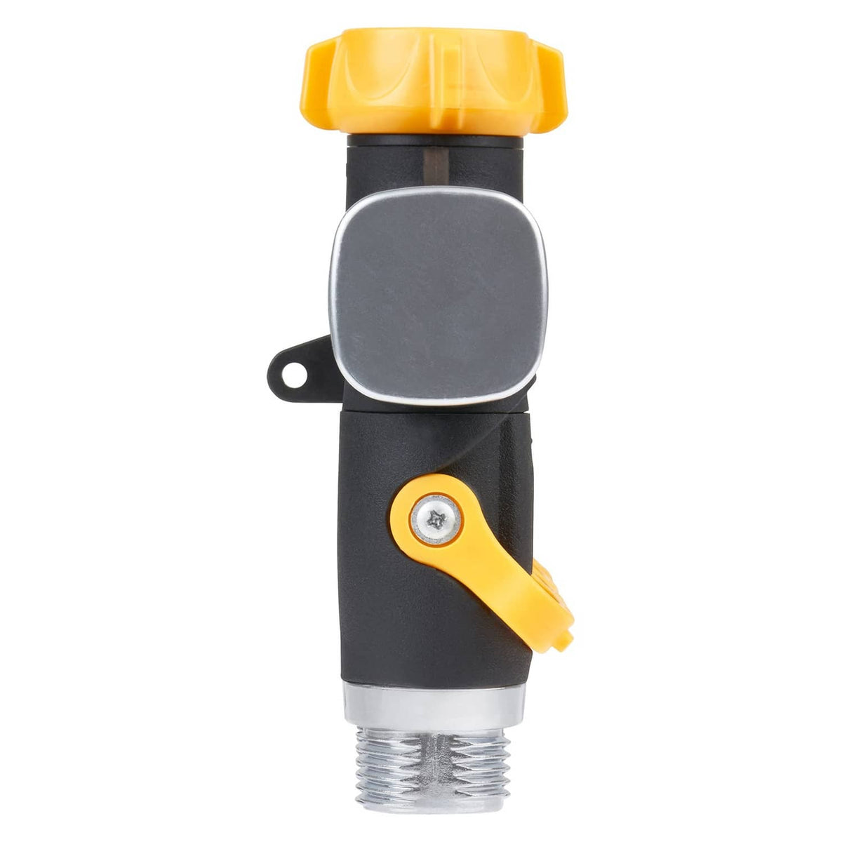 Single lever valve connection on black body with yellow handle and gray cap