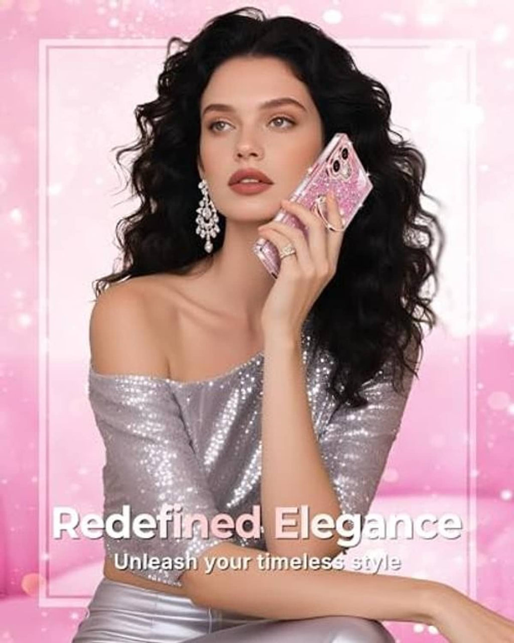 Pink glitter phone case with gold heart ring holder held in hand