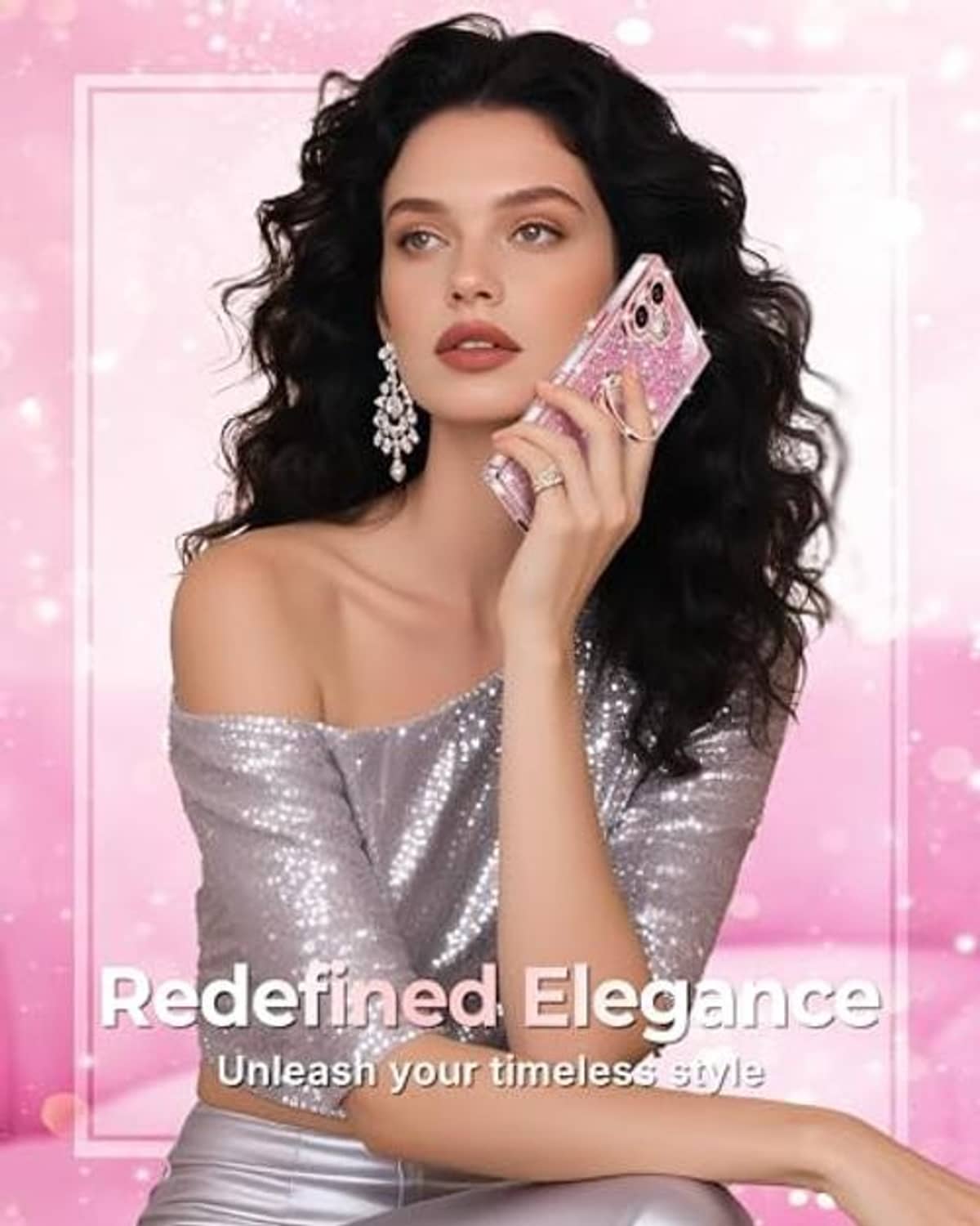 Pink glitter phone case with gold heart ring holder held in hand