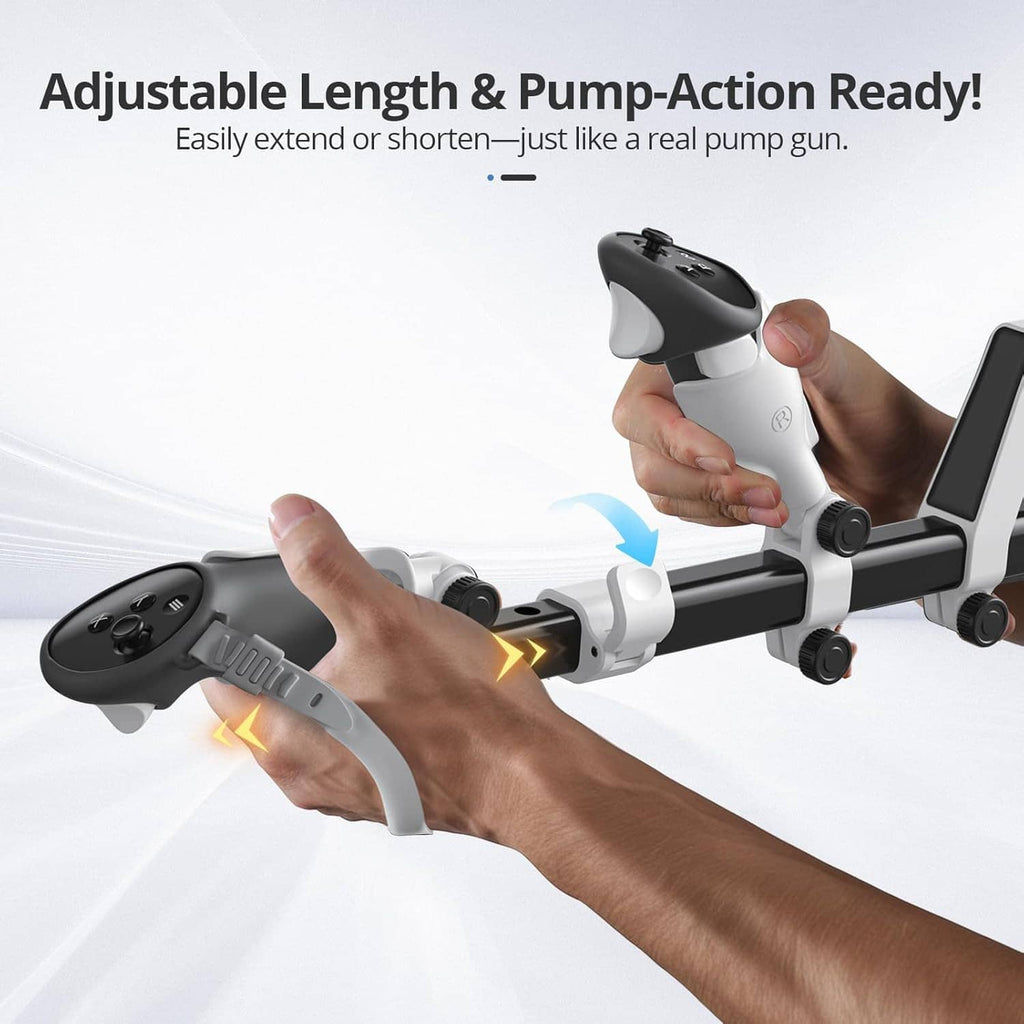 White VR gunstock with black rail, extending length between controller handles