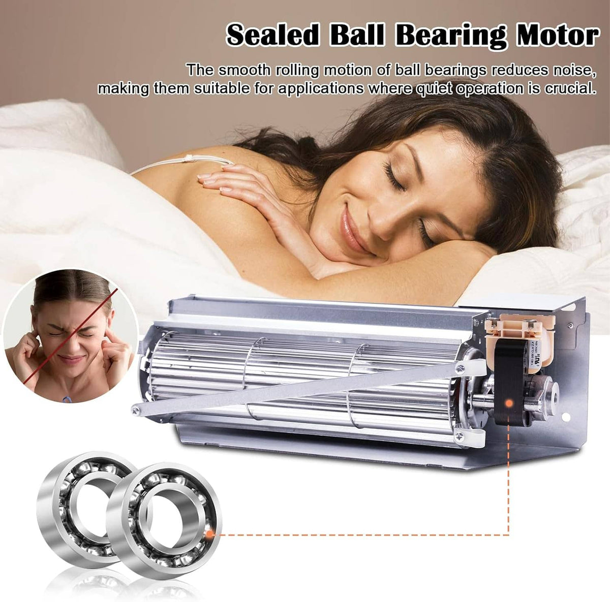 Sealed ball bearing fireplace blower motor with fan assembly and bearing inset