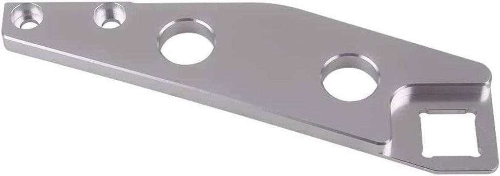 Aluminum throttle bracket plate with two circular holes and end tab, silver gray