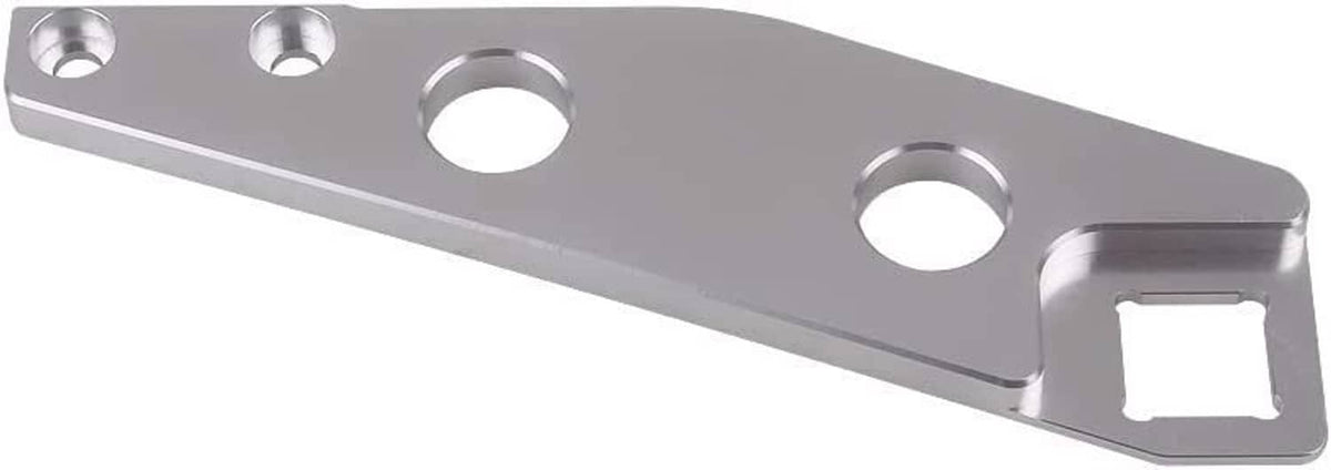 Aluminum throttle bracket plate with two circular holes and end tab, silver gray
