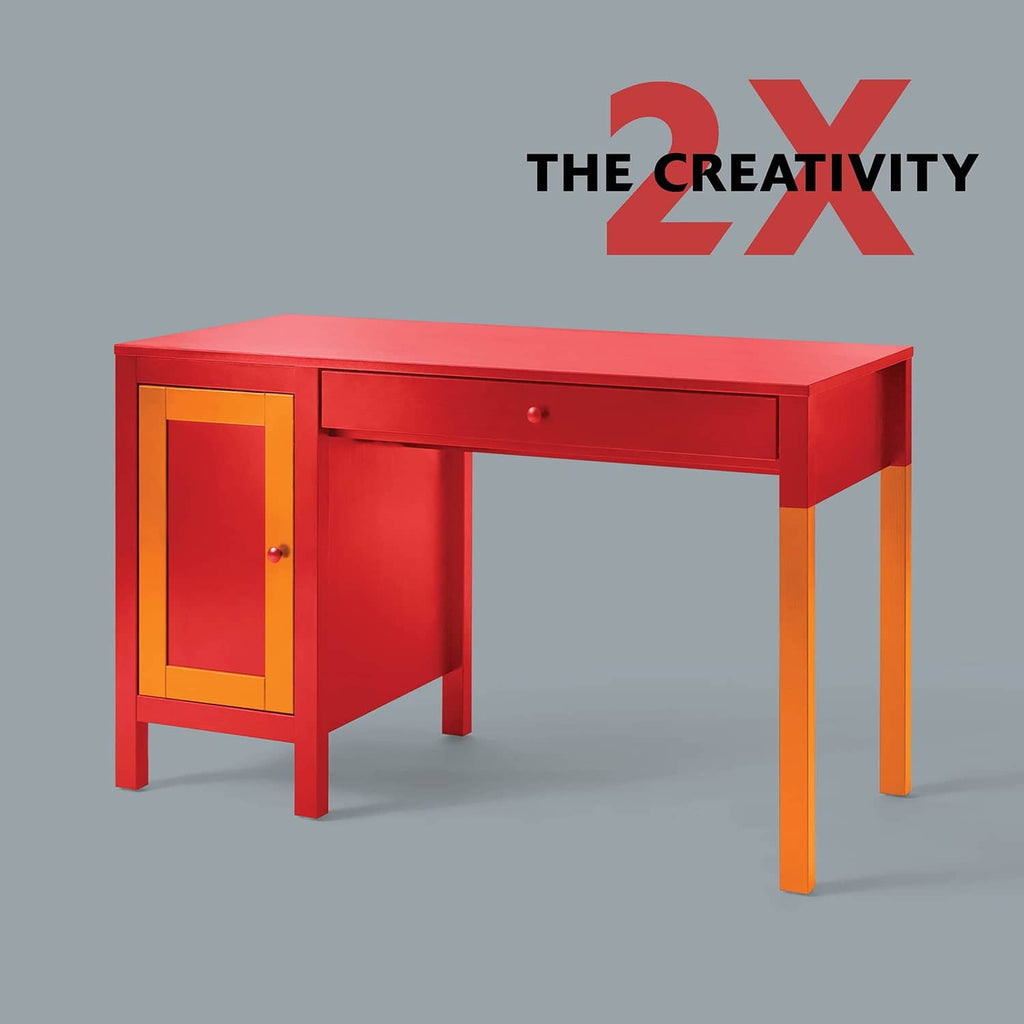 Red wooden desk with glossy spray-painted finish and drawer.