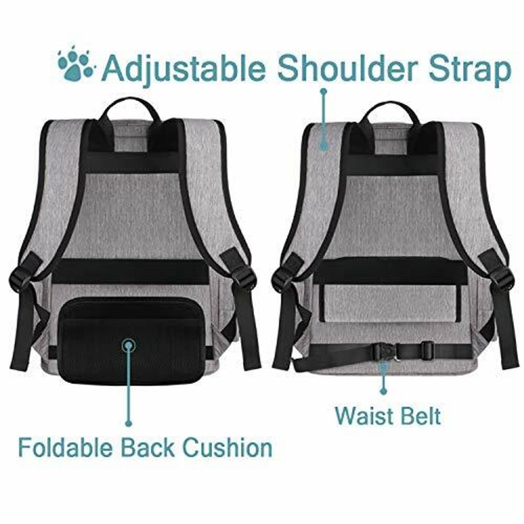 Gray pet backpack with adjustable shoulder straps, waist belt, and foldable back cushion