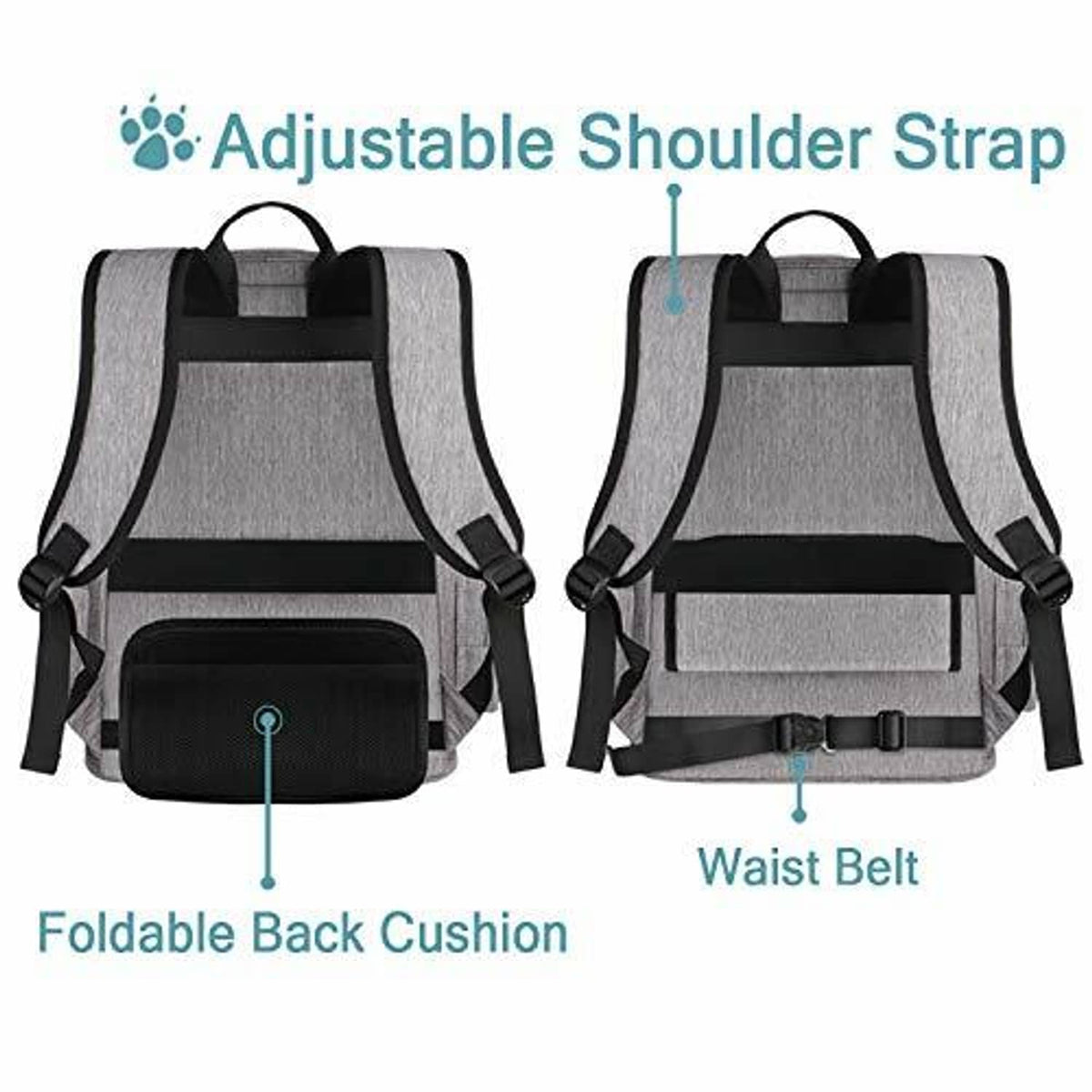 Gray pet backpack with adjustable shoulder straps, waist belt, and foldable back cushion