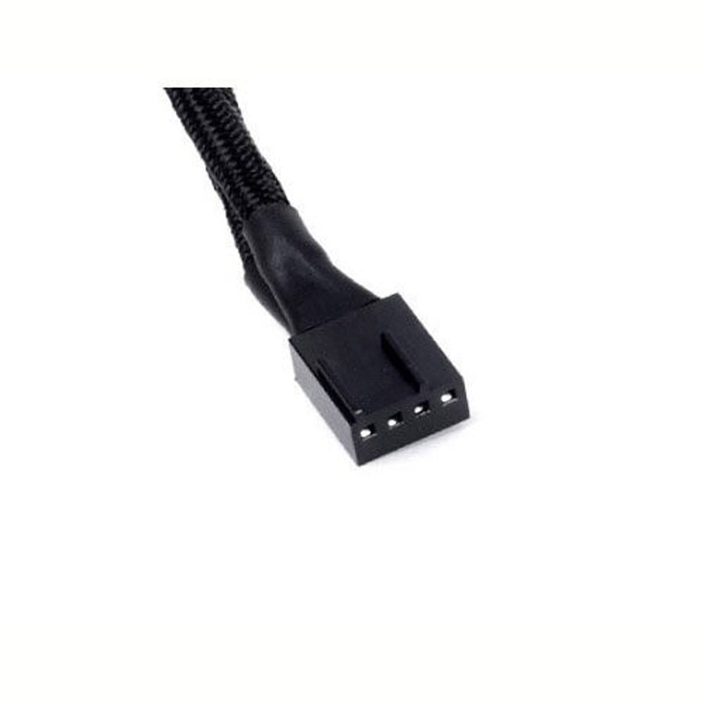 Black PWM fan splitter connector with 4-pin socket on sleeved cable