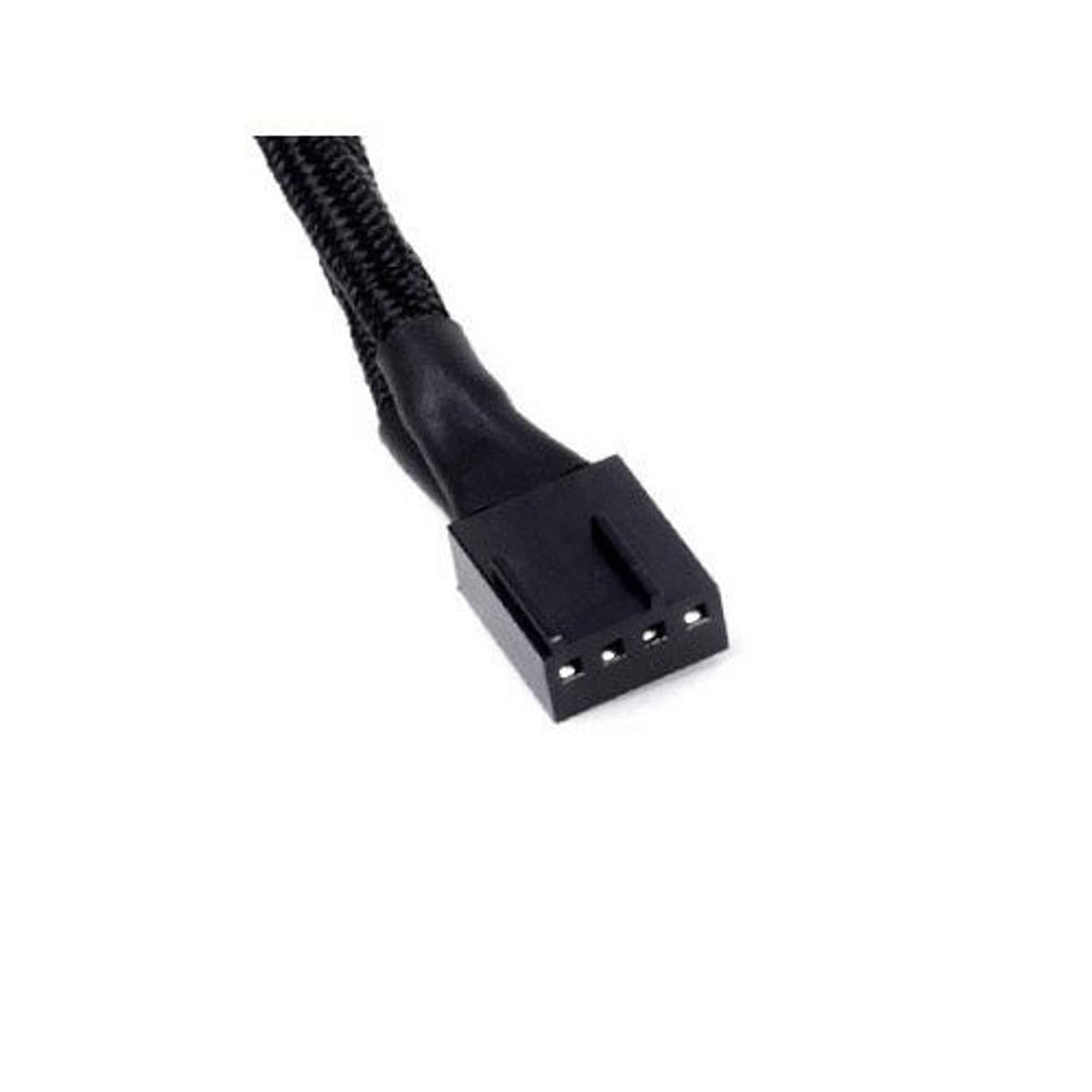 Black PWM fan splitter connector with 4-pin socket on sleeved cable