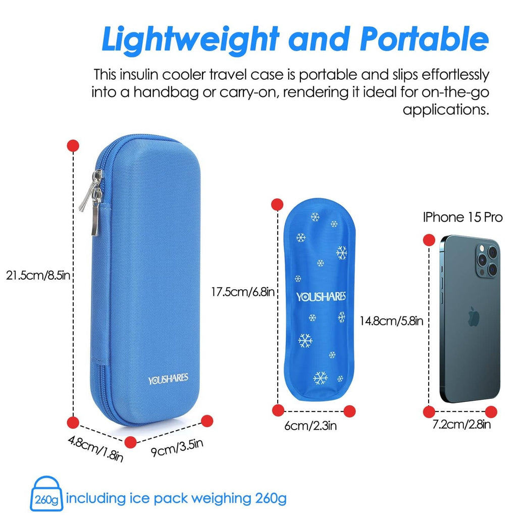 Blue zippered cooler travel case with two ice pack pads, shown with size views