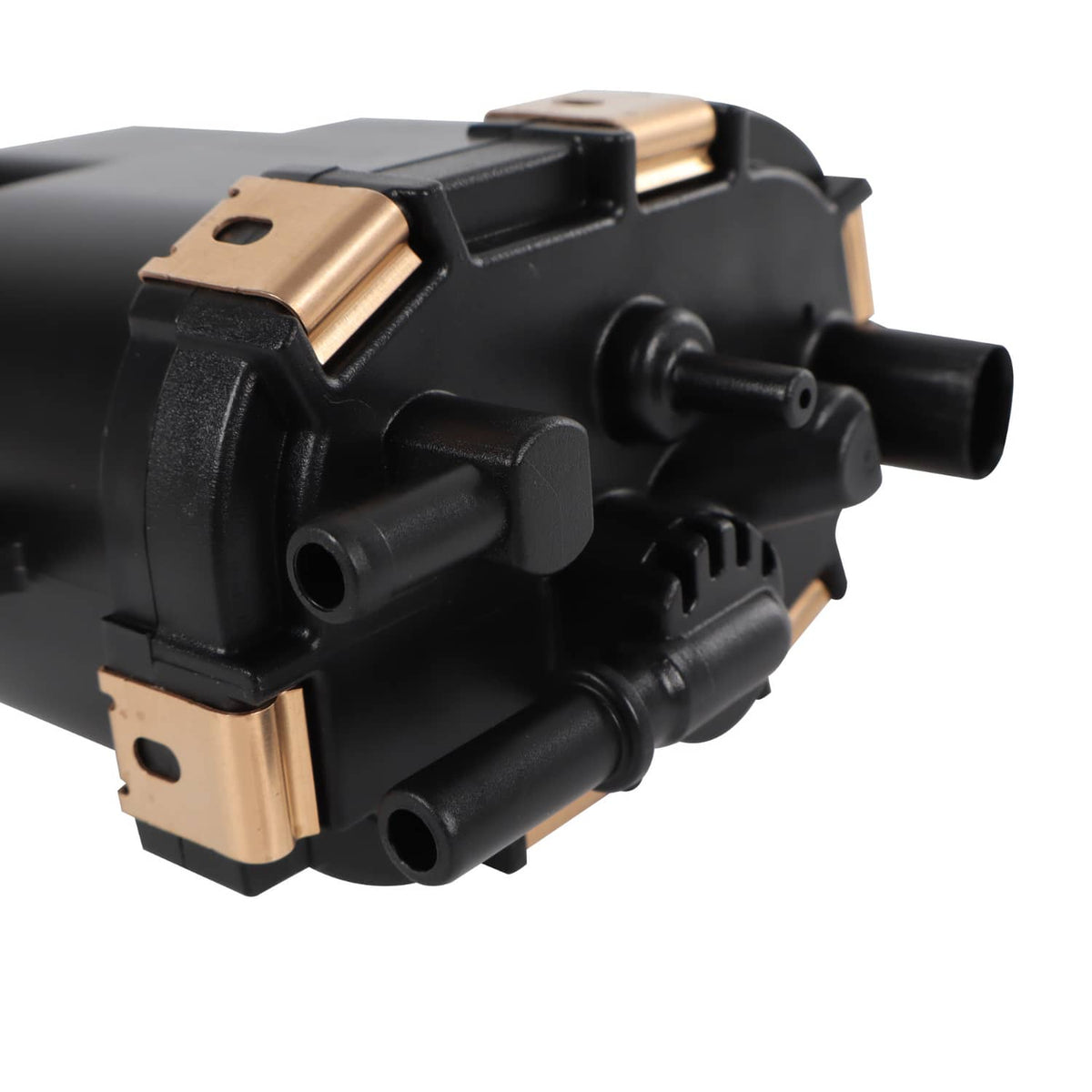 Fuel pump module kit in black with copper terminals and attached inlet/outlet ports