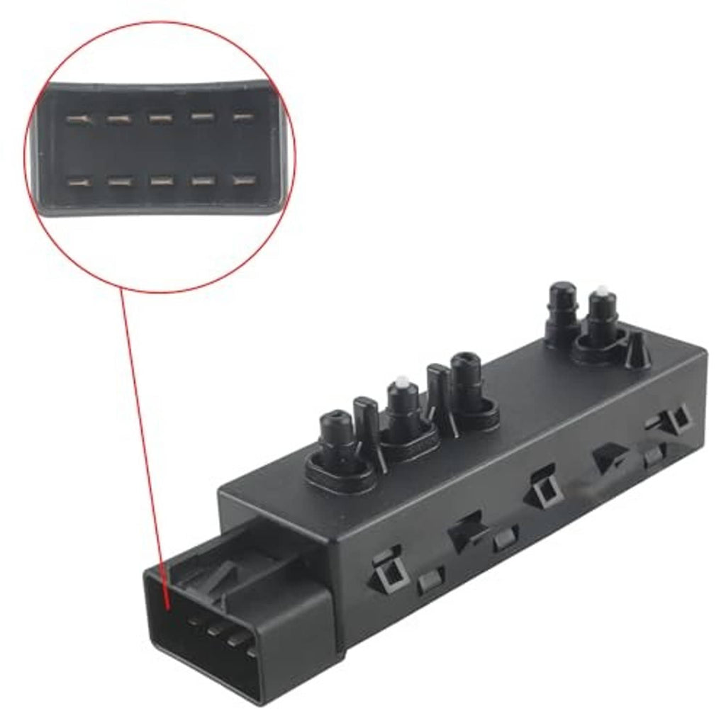 Power seat switch with top button posts and row of electrical slots, black plastic module