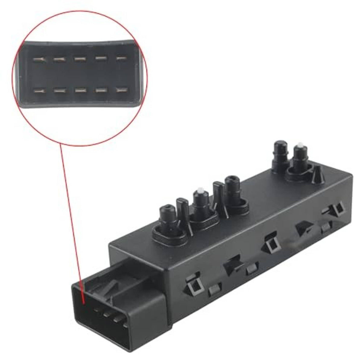 Power seat switch with top button posts and row of electrical slots, black plastic module