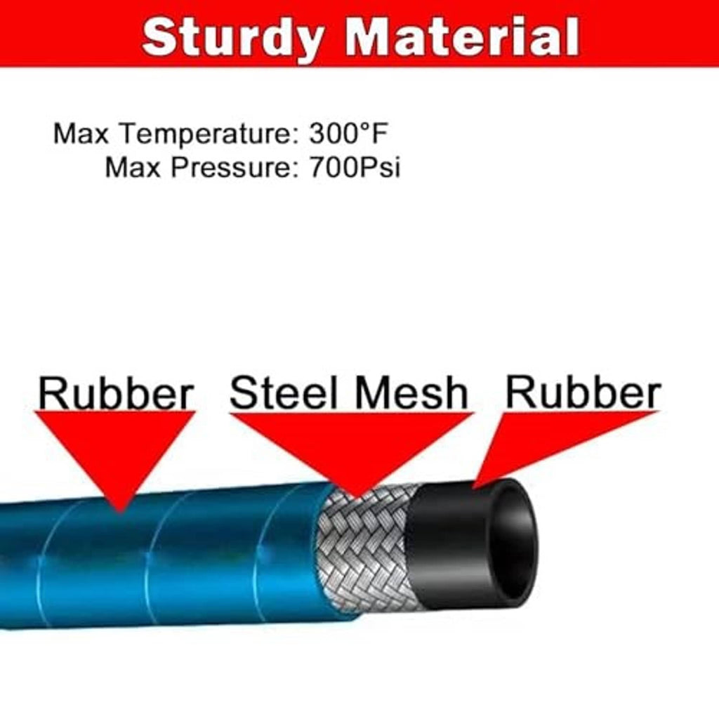 Blue oil drain hose with braided steel mesh and rubber outer cover