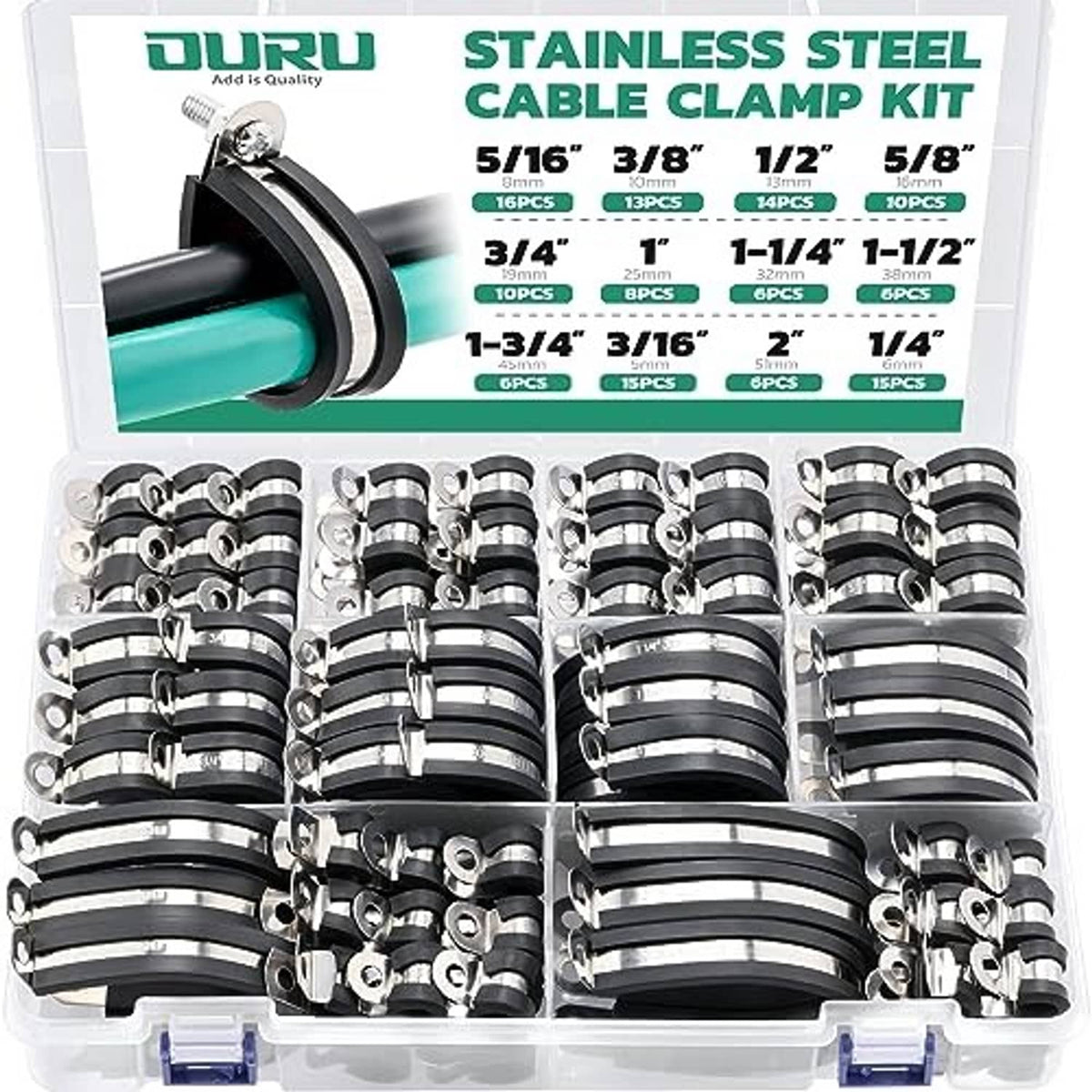 Stainless steel cable clamp kit with black rubber-lined U clamps, assorted sizes, open case