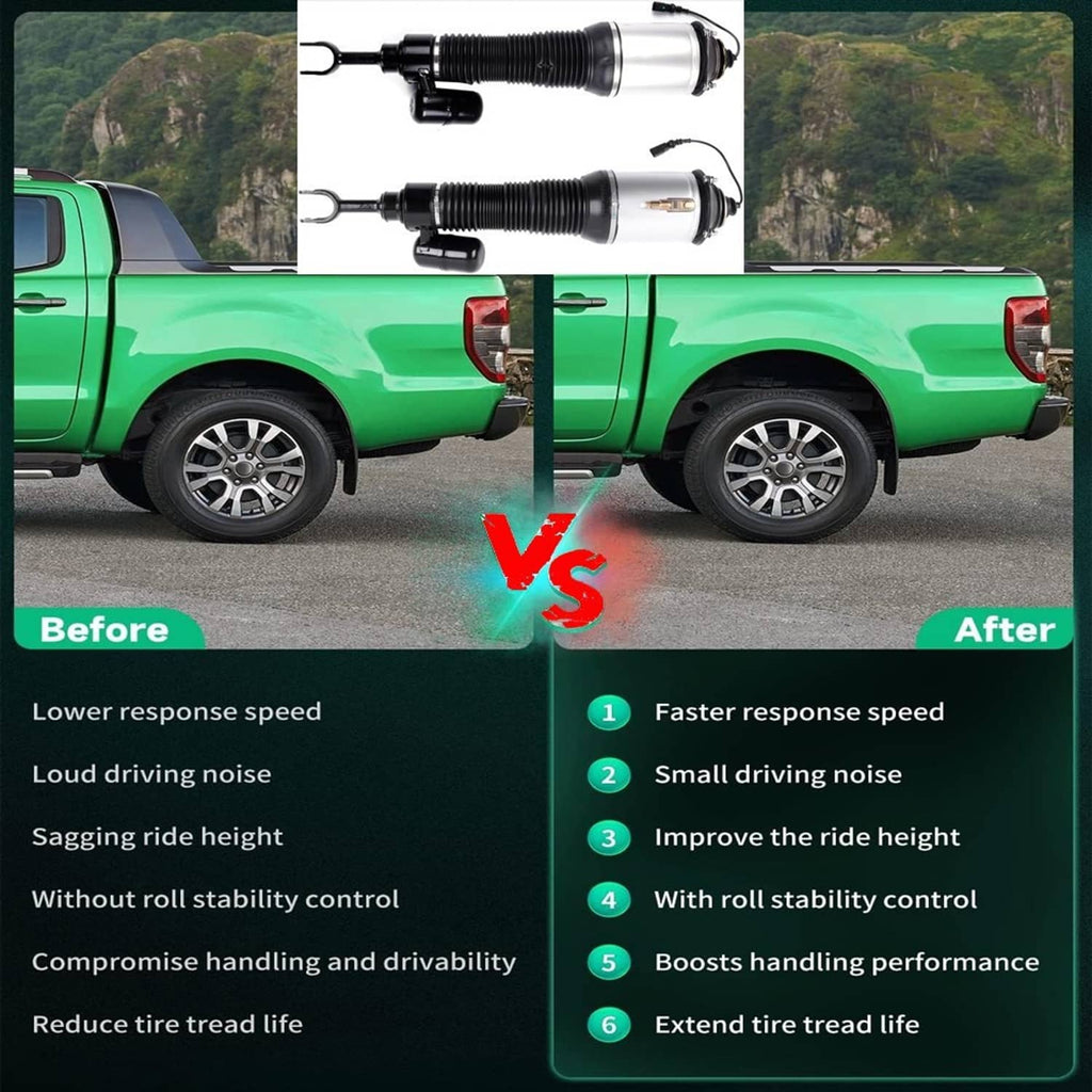 Air suspension shock absorber pair shown above vehicles in comparison graphic