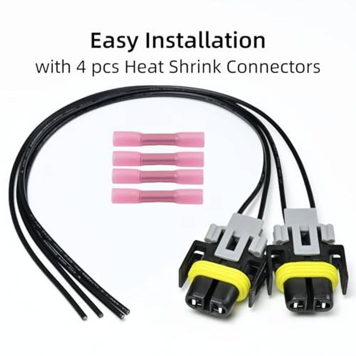 Headlight connector pigtail harness with two connectors, black leads, and four pink heat-shrink tubes