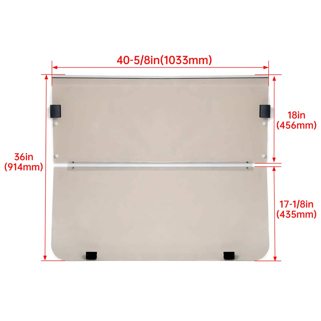 Tinted folding golf cart windshield size diagram with labeled width and height