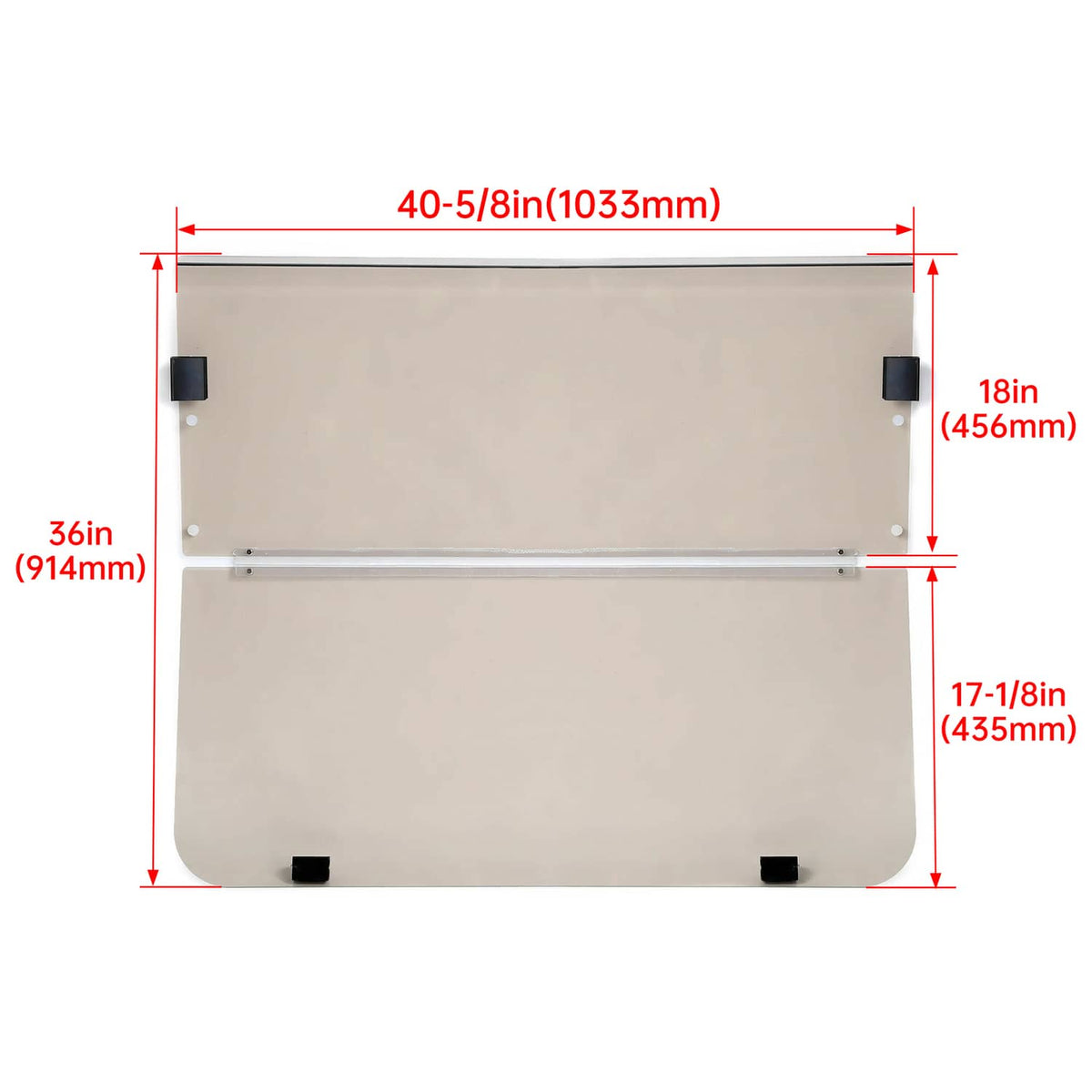 Tinted folding golf cart windshield size diagram with labeled width and height
