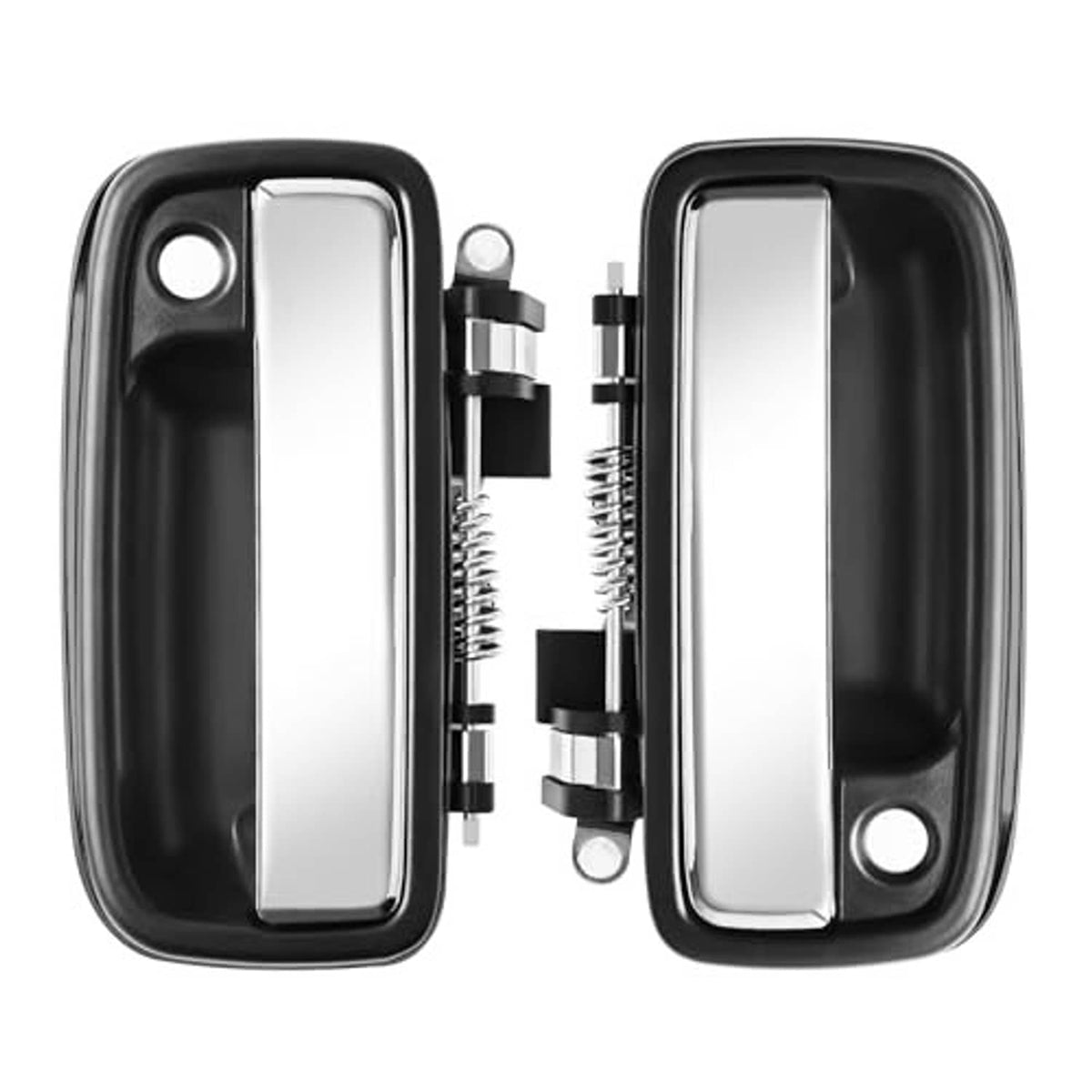 Exterior door handle pair, chrome lever with black surround and mounting holes