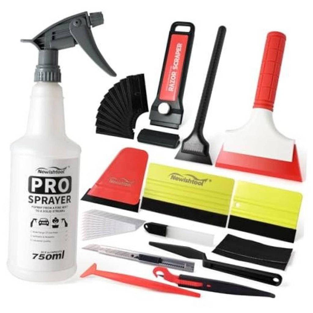 Car tint tool kit: spray bottle, felt squeegees, scrapers and blade tools