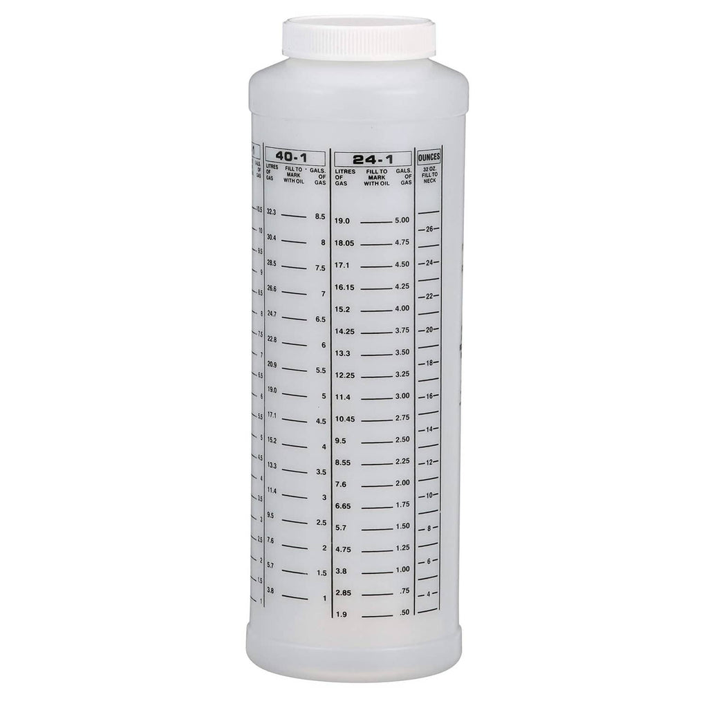 Wide-mouth oil-to-gas measuring bottle, 32 oz, back label showing mixture ratios