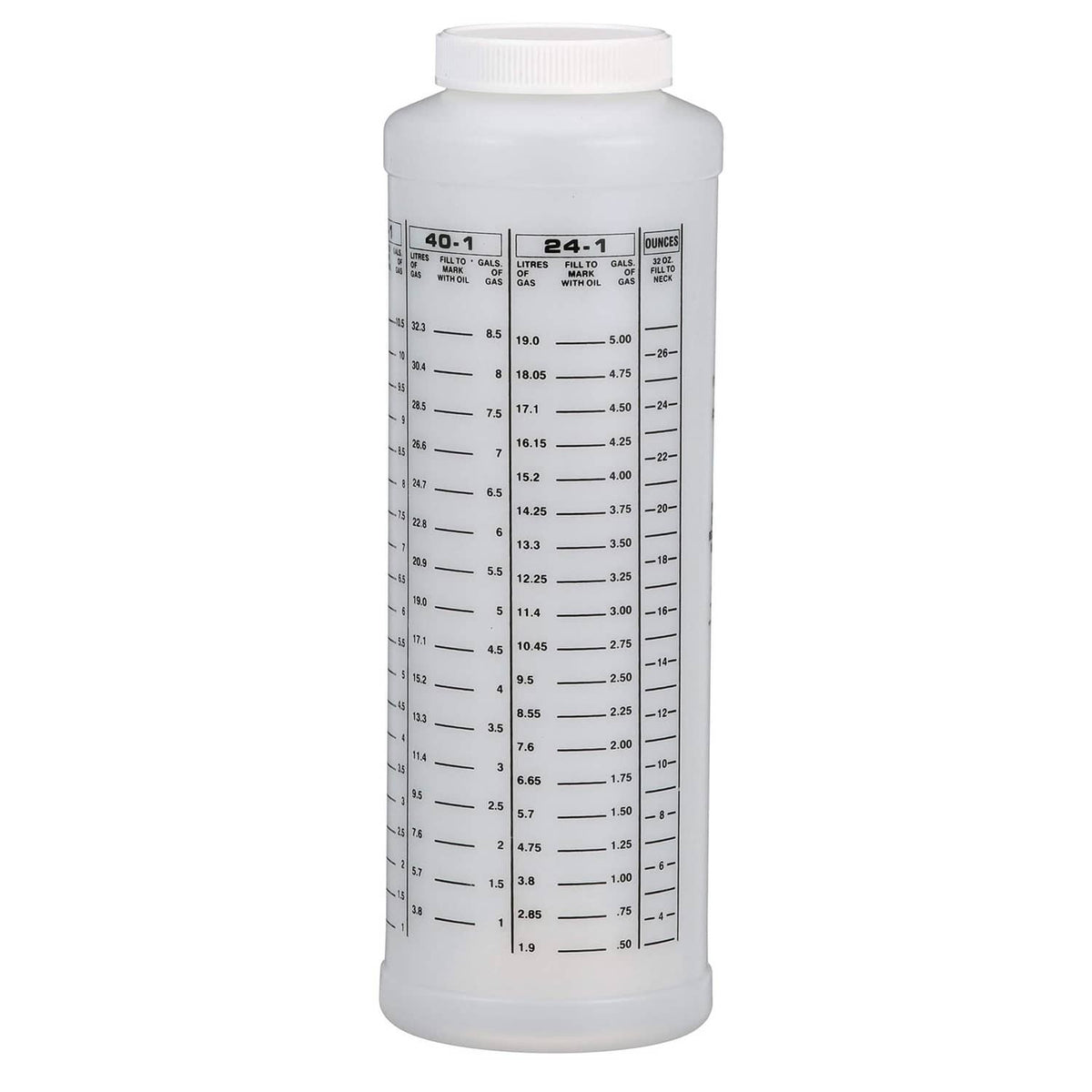 Wide-mouth oil-to-gas measuring bottle, 32 oz, back label showing mixture ratios