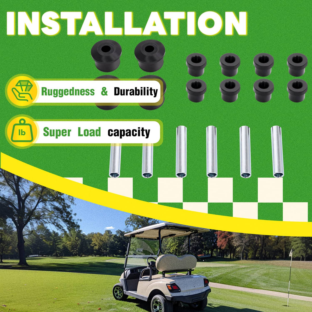 Leaf spring bushing kit installation graphic with black bushings and silver steel sleeves