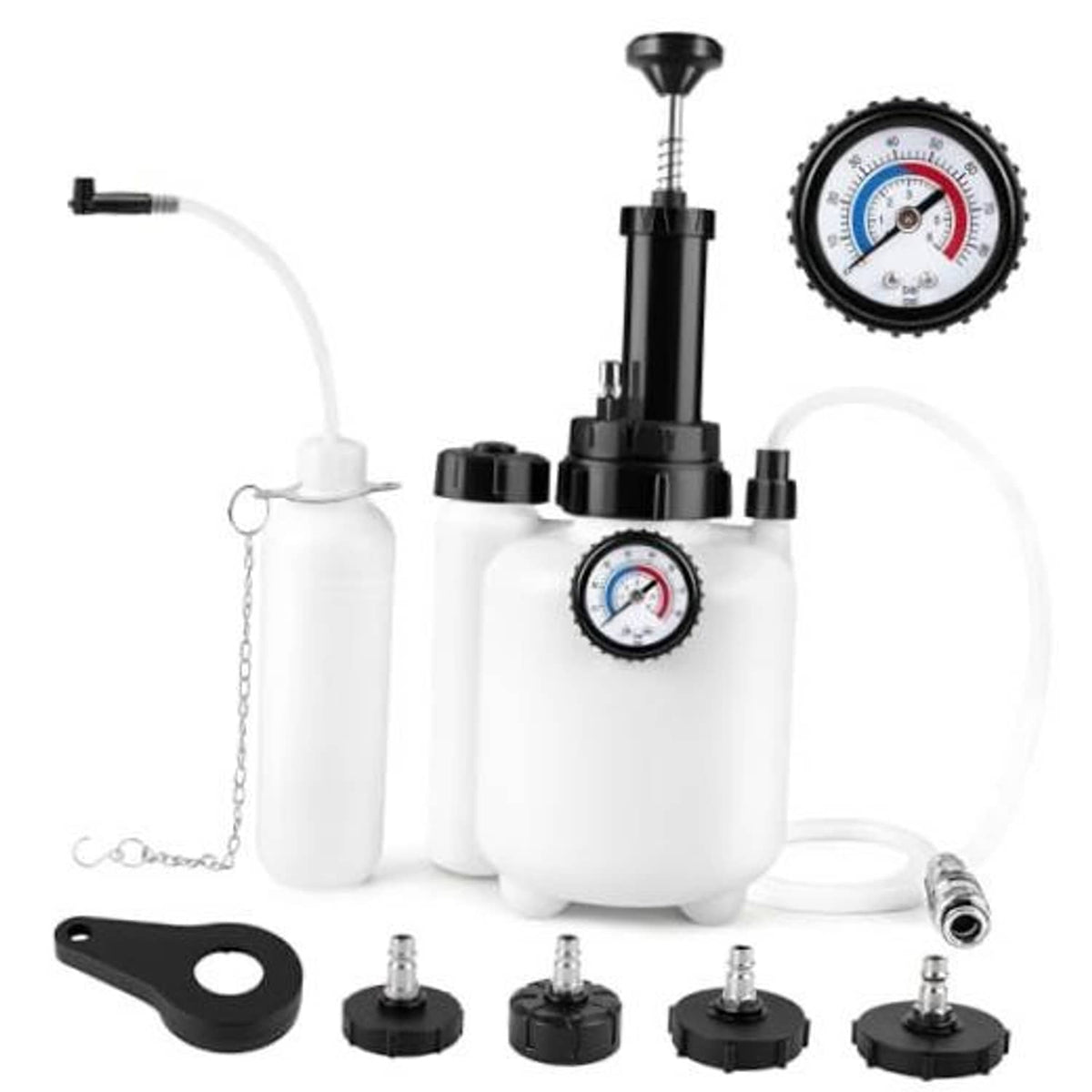 Manual brake pressure bleeder kit with 1L catch bottle, pressure gauge, hoses and adapters
