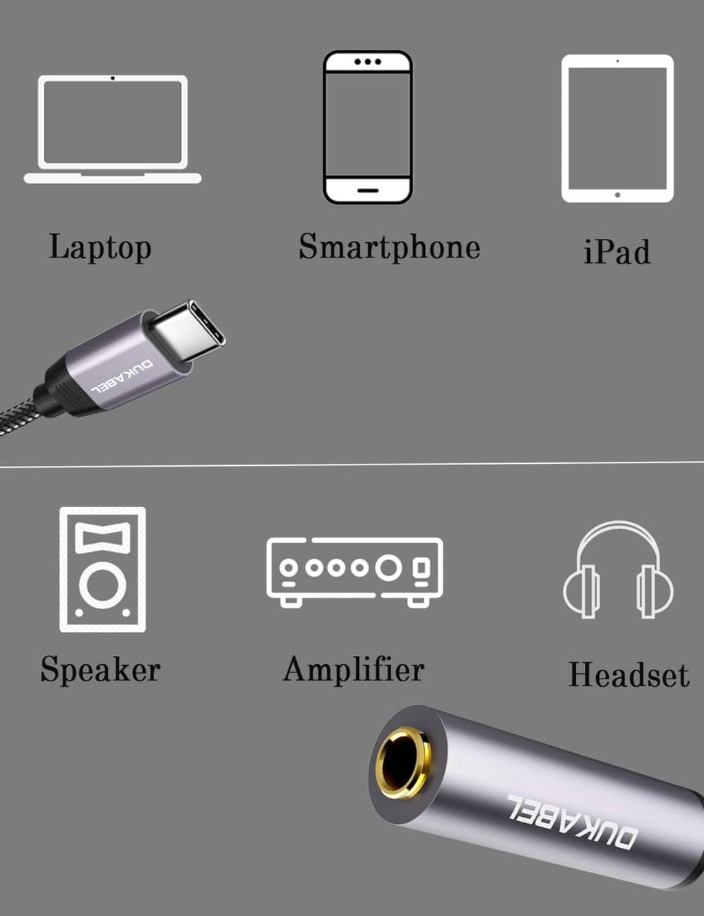 USB-C to 6.35mm headphone adapter cable showing gold 1/4 audio jack on grey barrel
