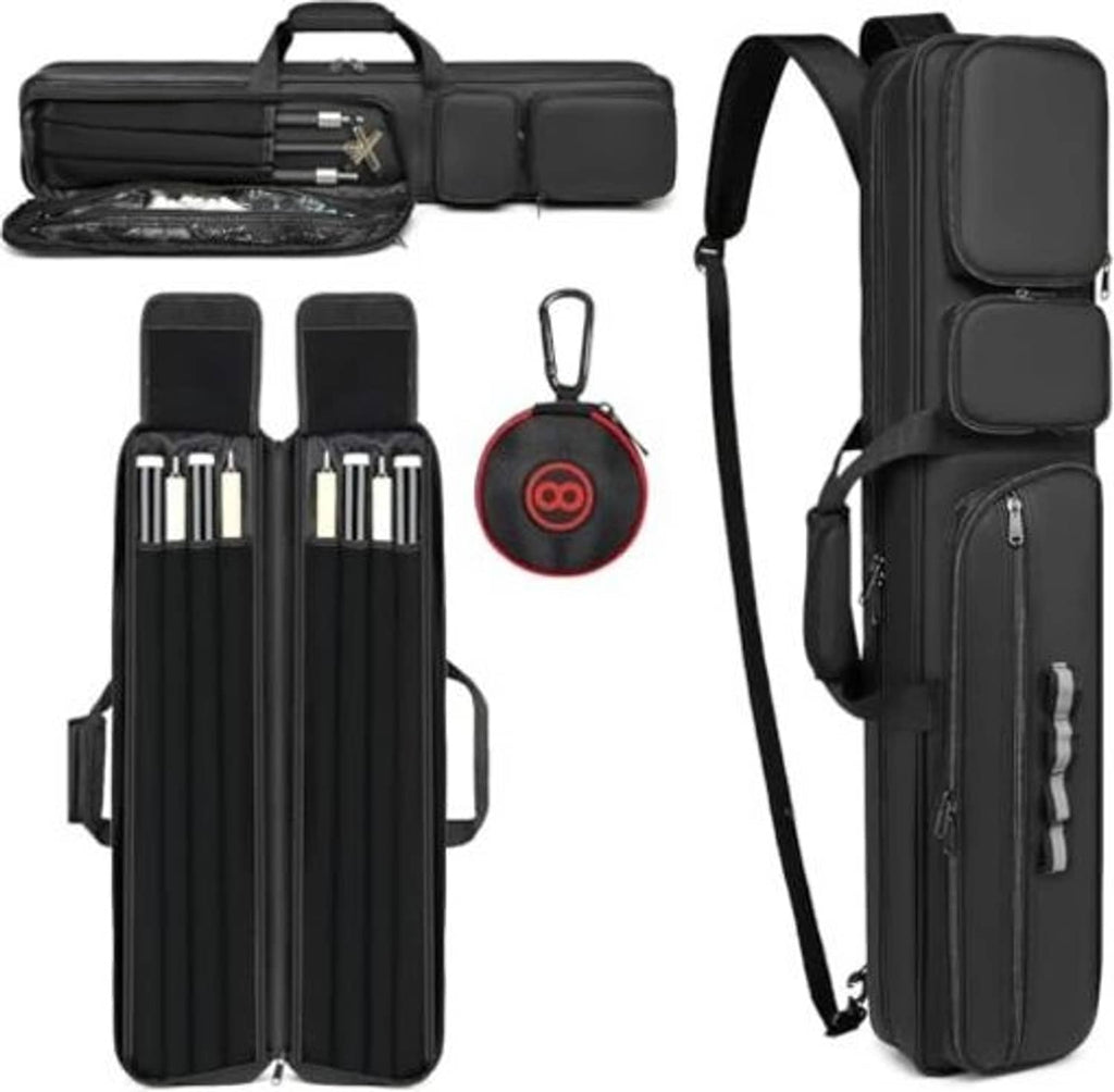 Black pool cue case with backpack-style straps and side zip compartments
