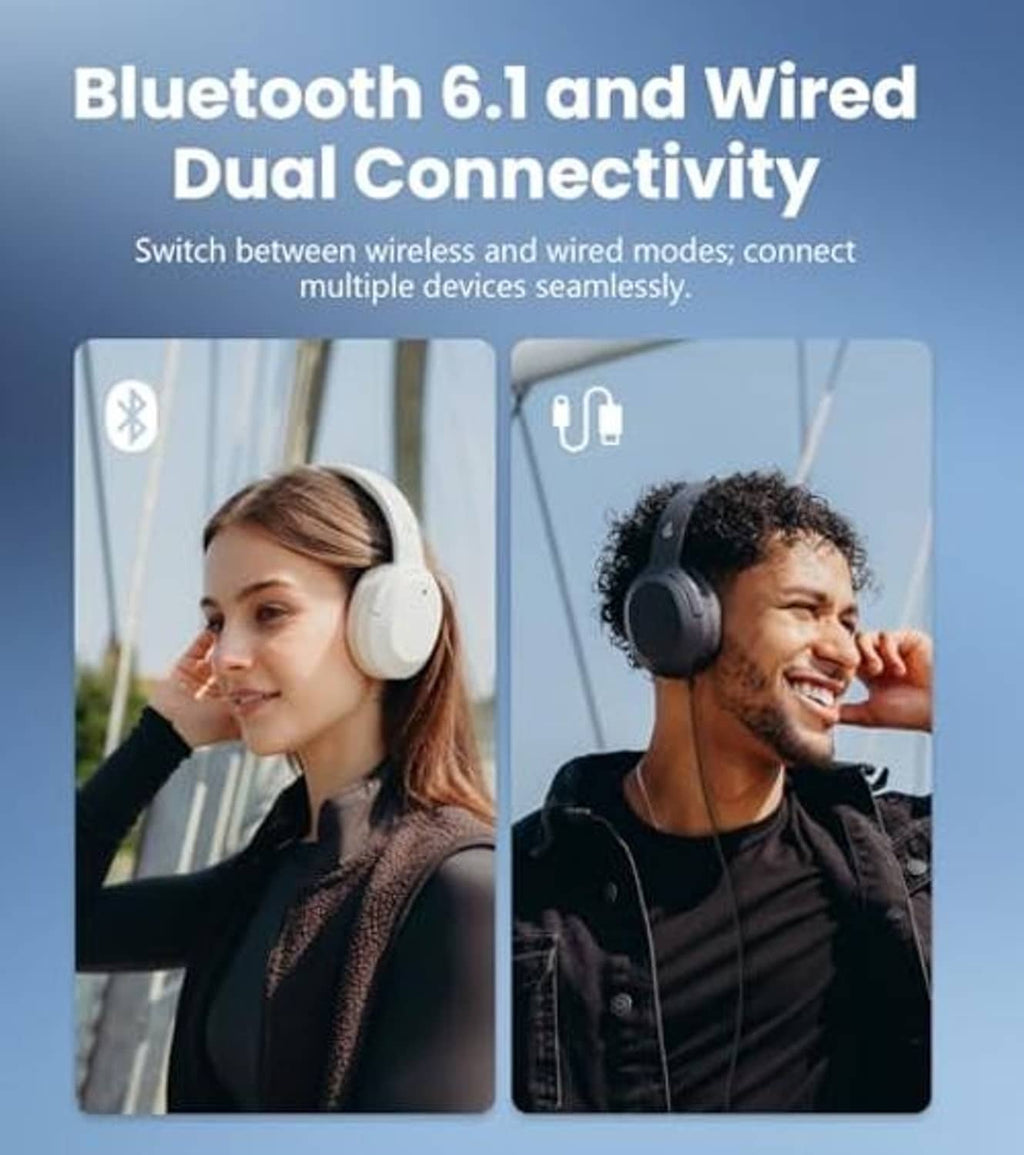 Ivory over-ear headphones worn by a person, wireless over-the-head fit.