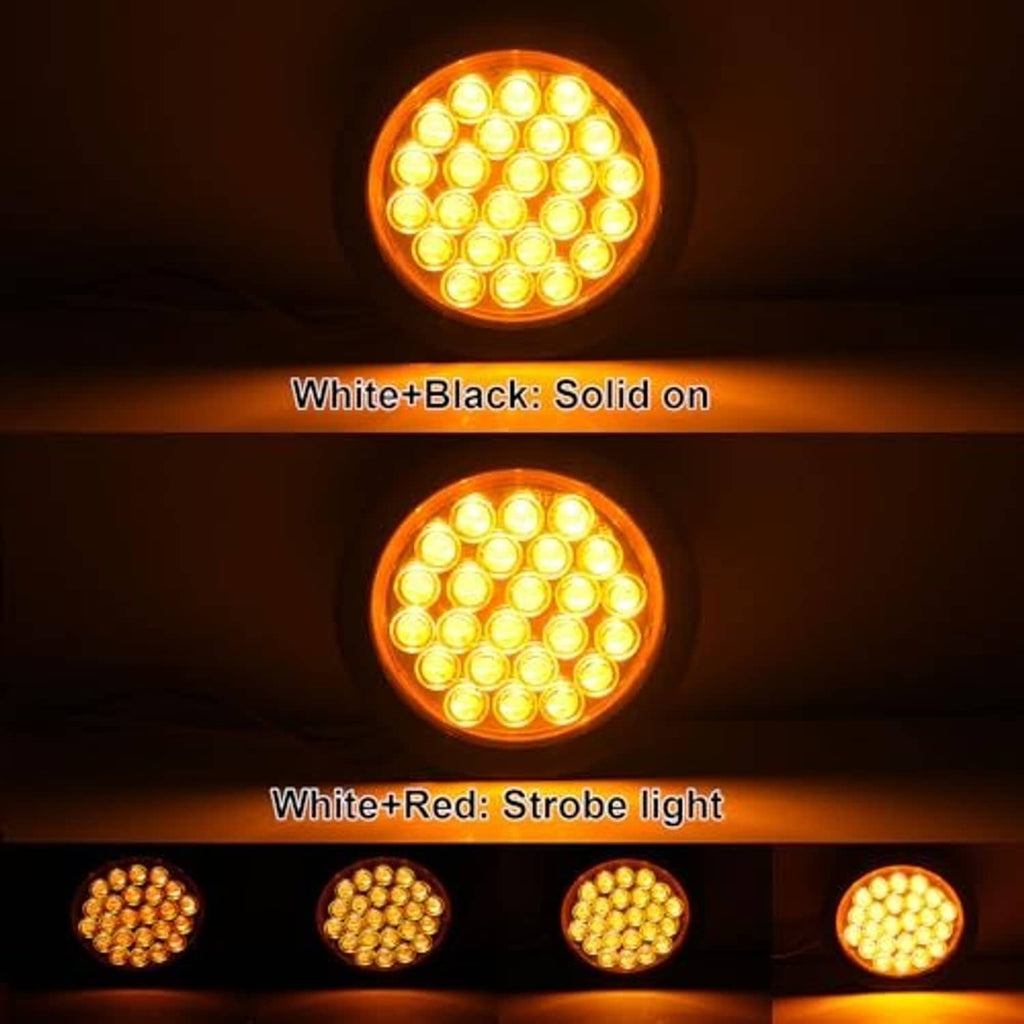 Round LED strobe light with amber lens, glowing white LEDs in a bright pattern