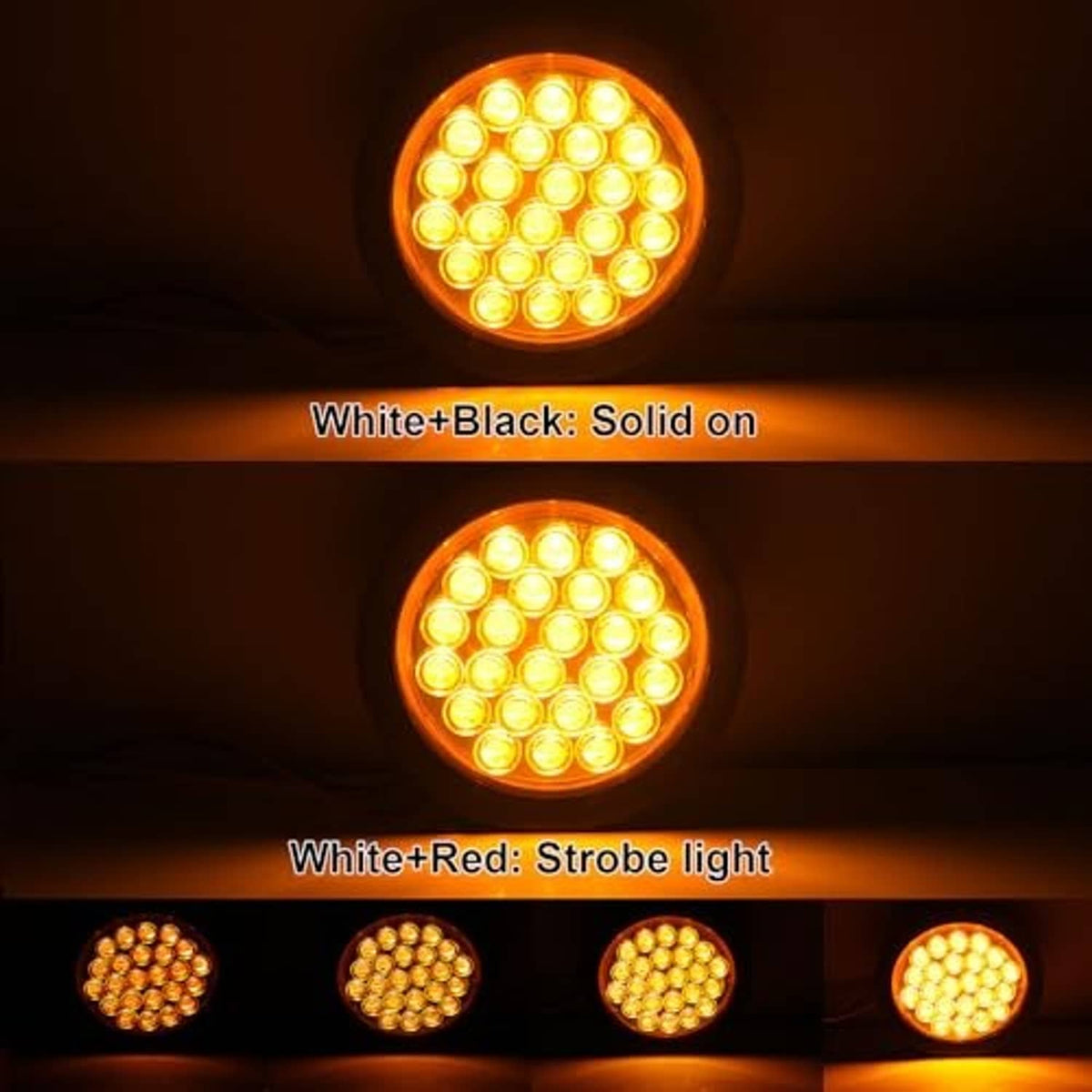 Round LED strobe light with amber lens, glowing white LEDs in a bright pattern
