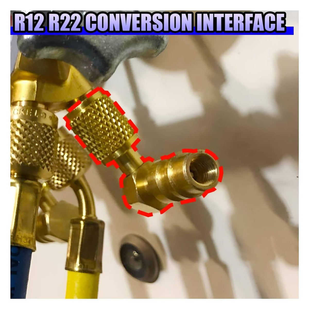 Gold A/C conversion adapter connector with textured sleeve and hose connection port