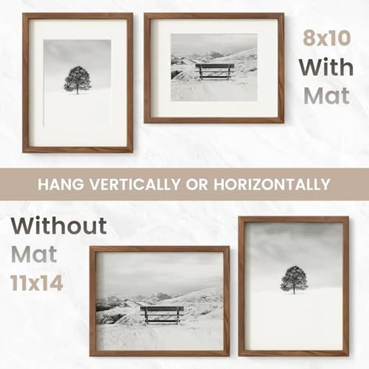 Walnut wood picture frames with white mat, featuring landscape and tree prints