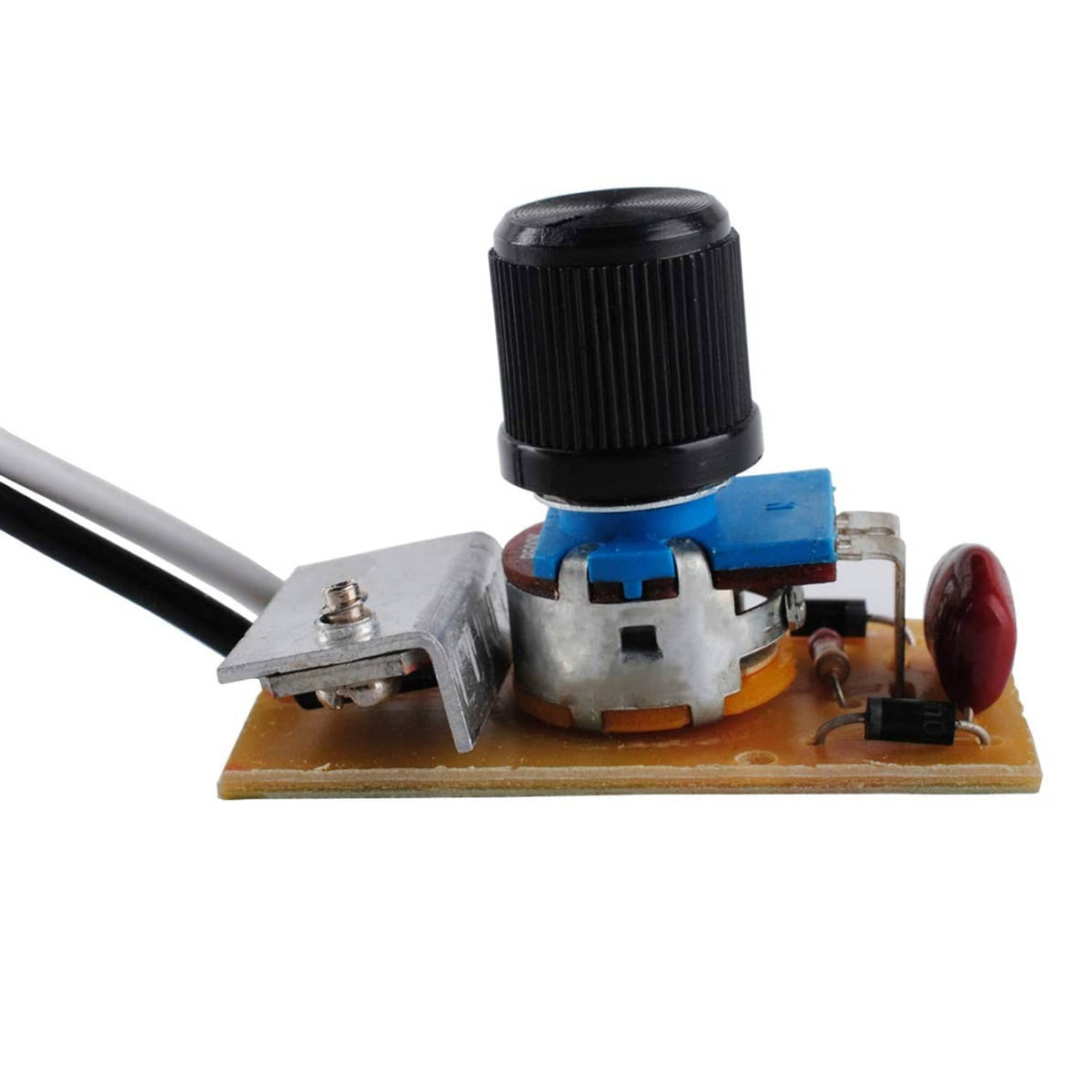 Dimmer switch PCB with black knob, blue switch section, and silver screw terminal
