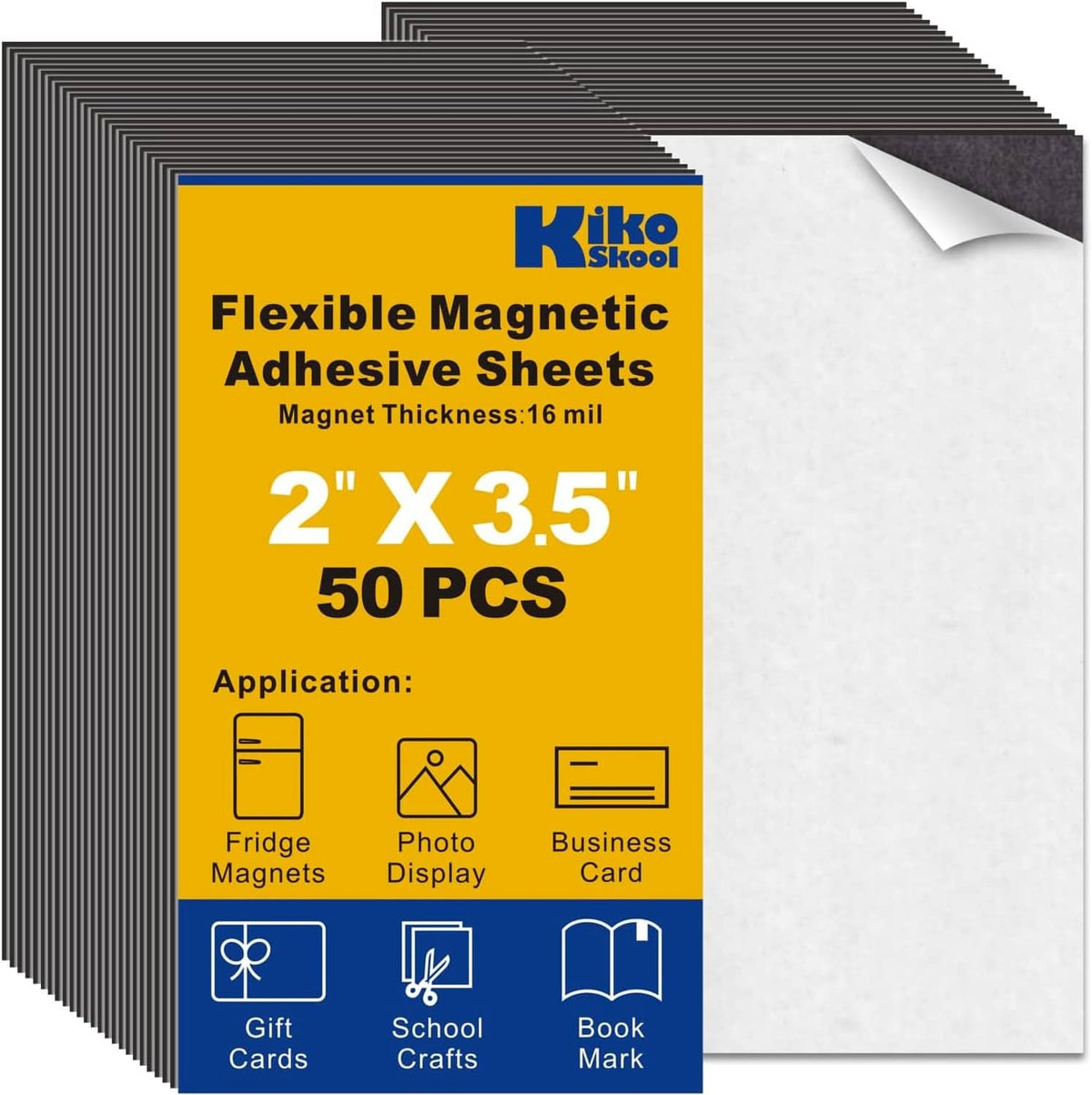 Peel-and-stick magnetic adhesive sheets, 2 x 3.5 in, 50-pack, flexible