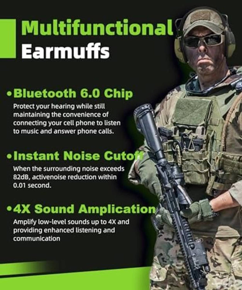 Multifunction electronic earmuffs on camo helmeted person, with microphone and over-ear cups