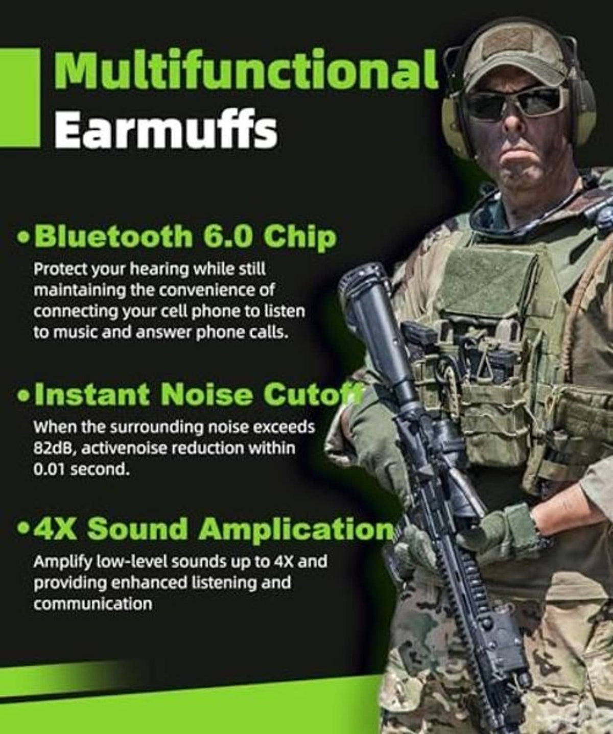 Multifunction electronic earmuffs on camo helmeted person, with microphone and over-ear cups