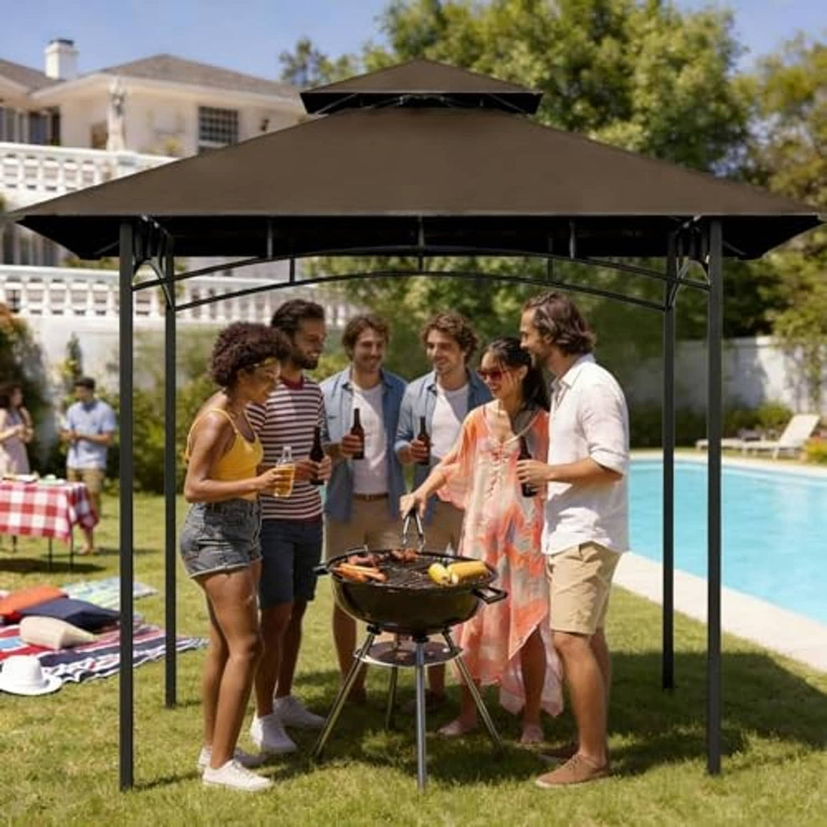 Brown grill gazebo canopy top mounted over outdoor BBQ, with black metal support frame