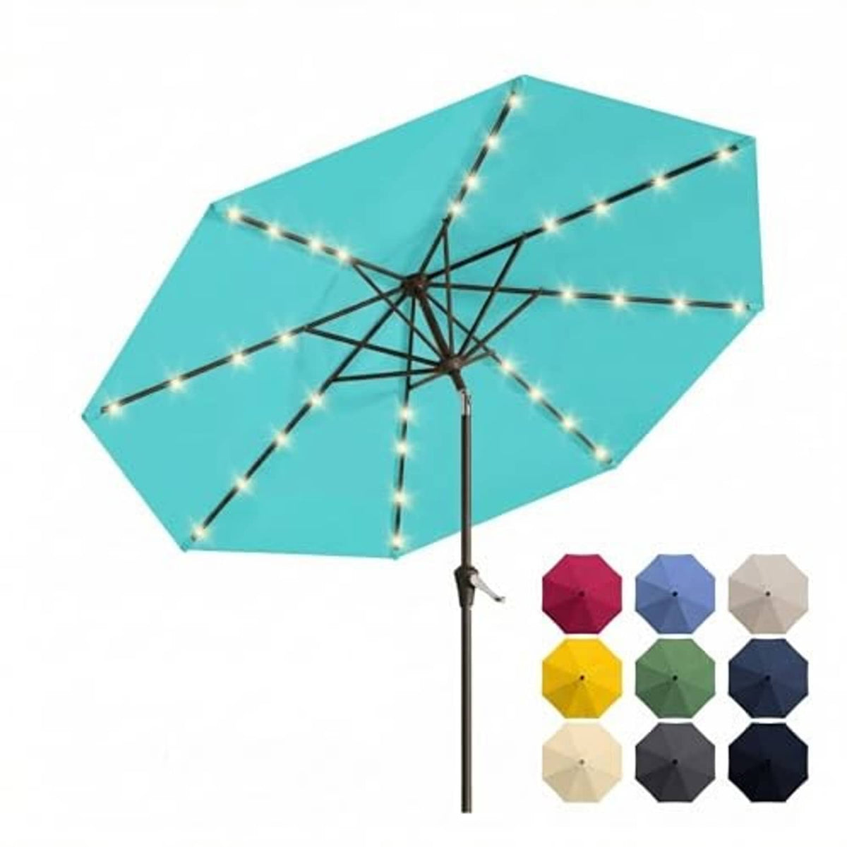 Outdoor table umbrella with teal canopy, LED string lights, and center pole