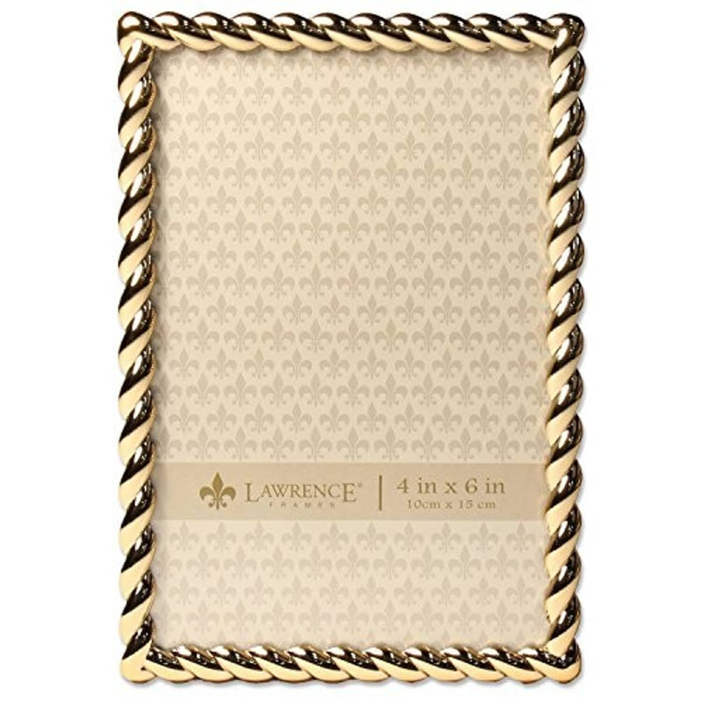 Gold rope-design metal 4x6 photo frame with beige damask backing and inner border.