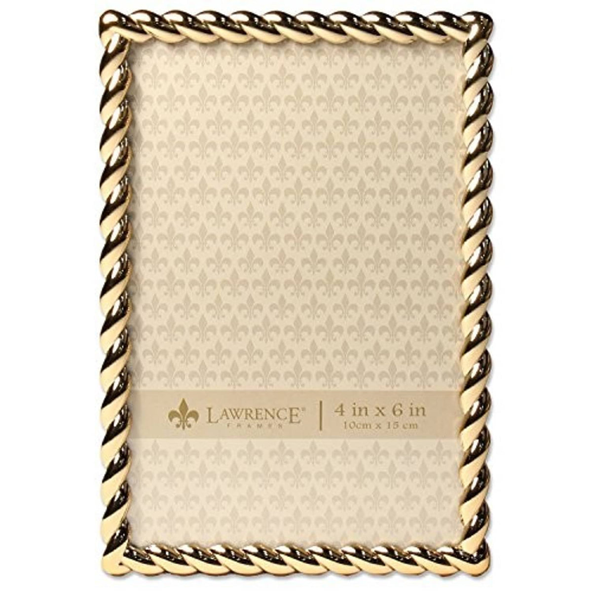 Gold rope-design metal 4x6 photo frame with beige damask backing and inner border.