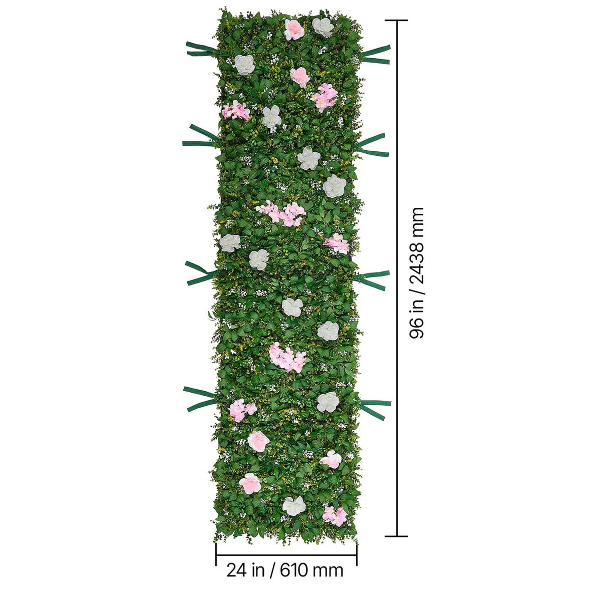 Artificial vertical greenery wall panel with pink and white flowers and green tie loops