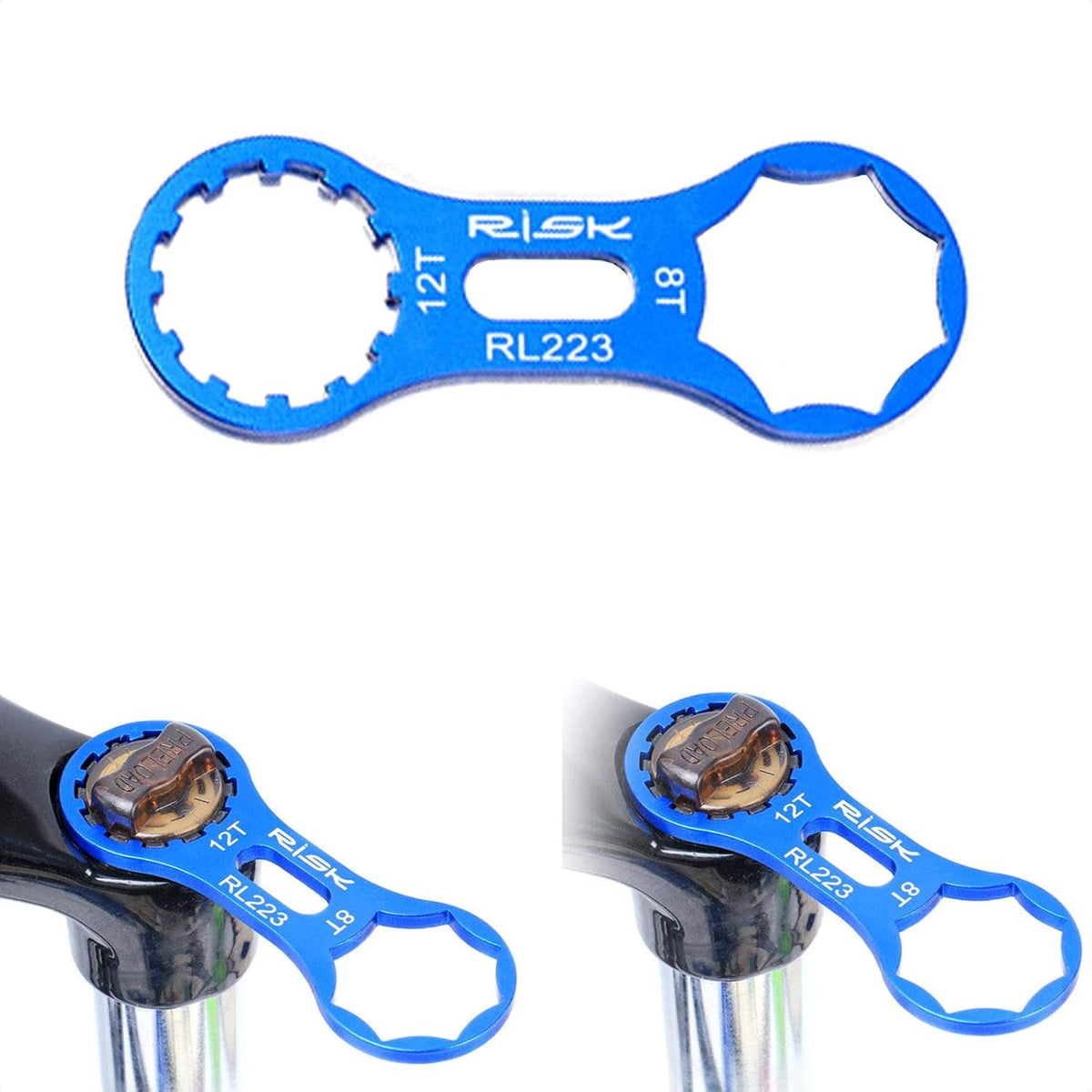Blue bicycle fork cap spanner wrench tool, shown on fork cap, with RL223 markings
