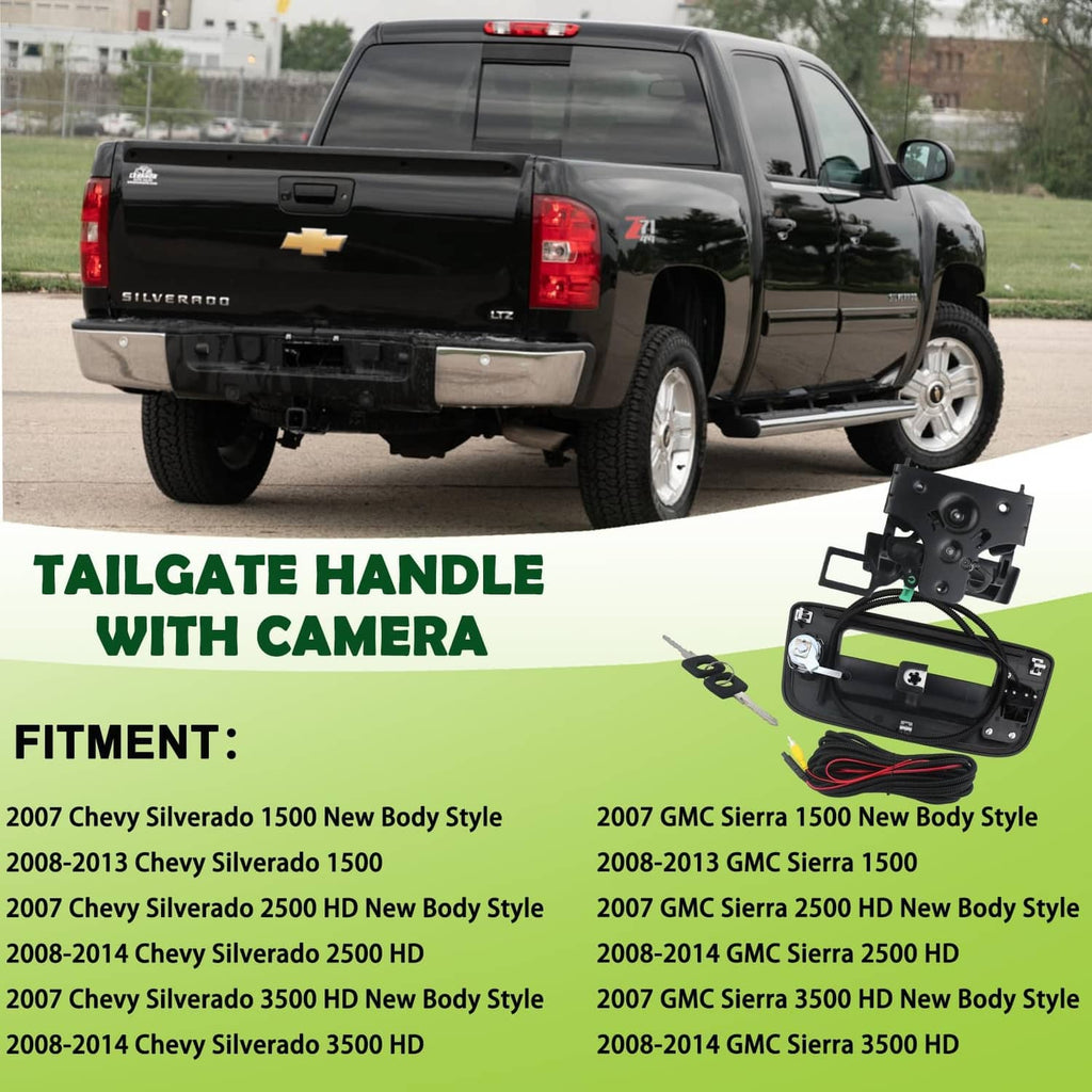 Black tailgate handle with backup camera and wiring, shown with vehicle fitment